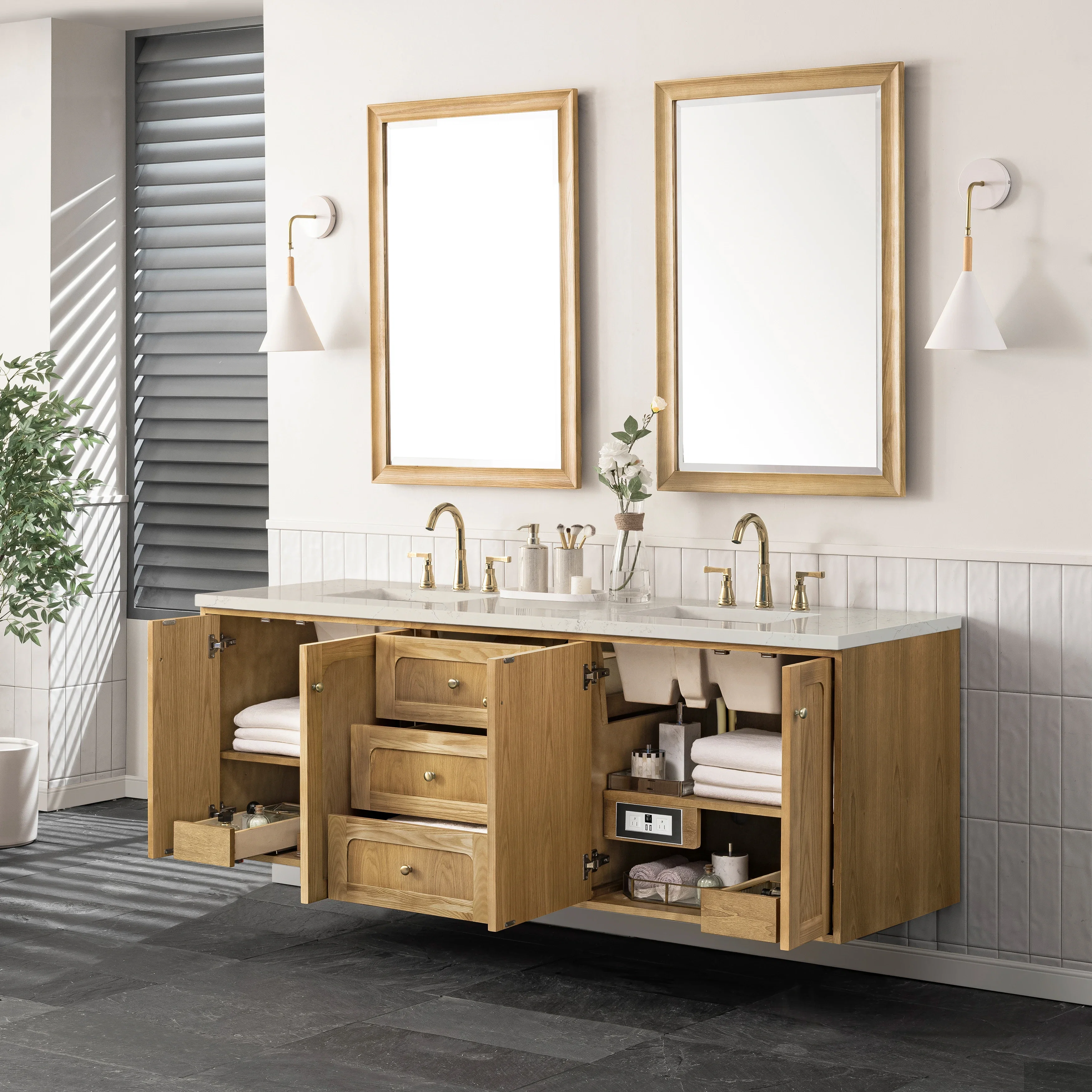 Laurent 72" Double Vanity, Light Natural Oak, w/ 3 CM Siberian Silestone Top w/FreePower Wireless Charger