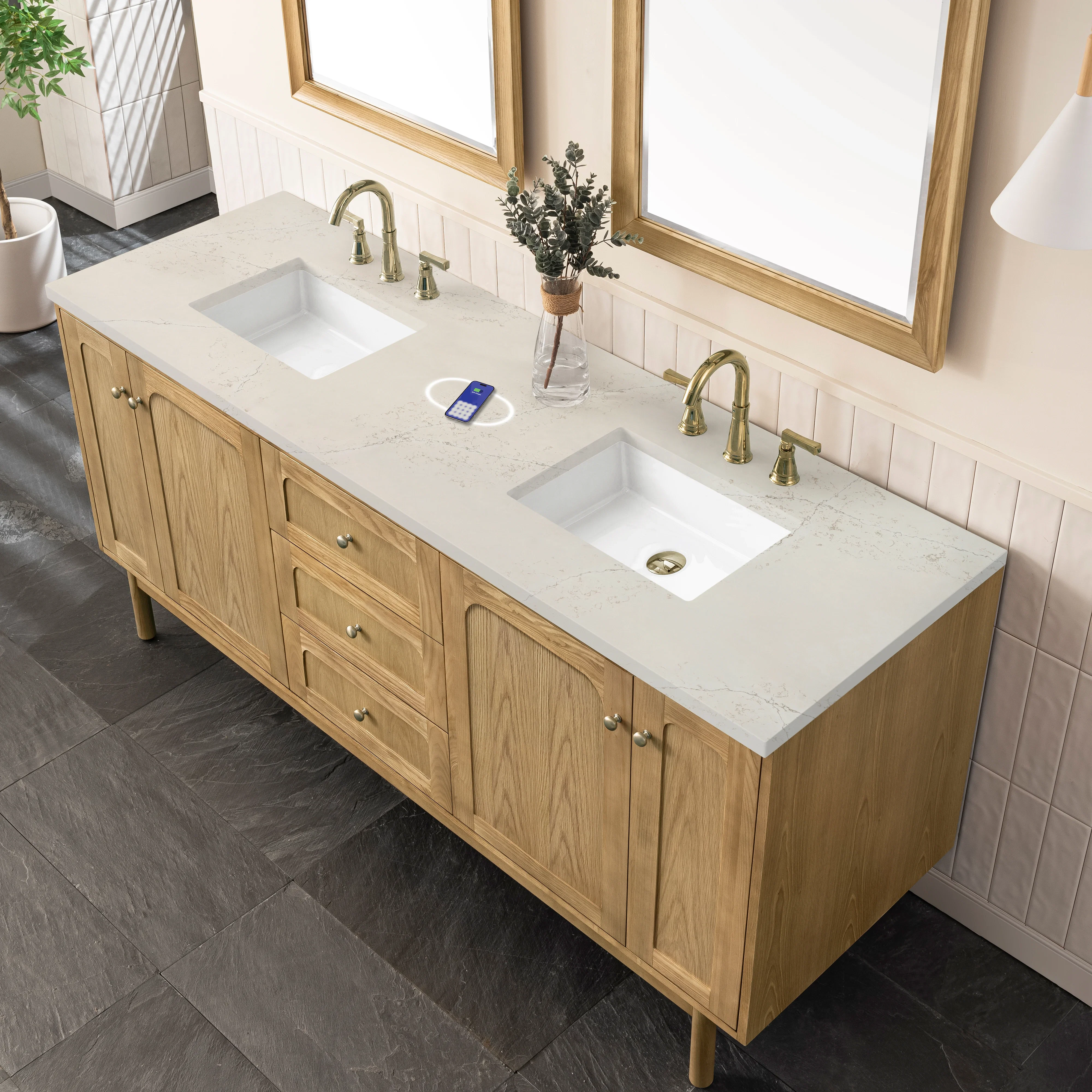 Laurent 72" Double Vanity, Light Natural Oak, w/ 3 CM Siberian Silestone Top w/FreePower Wireless Charger