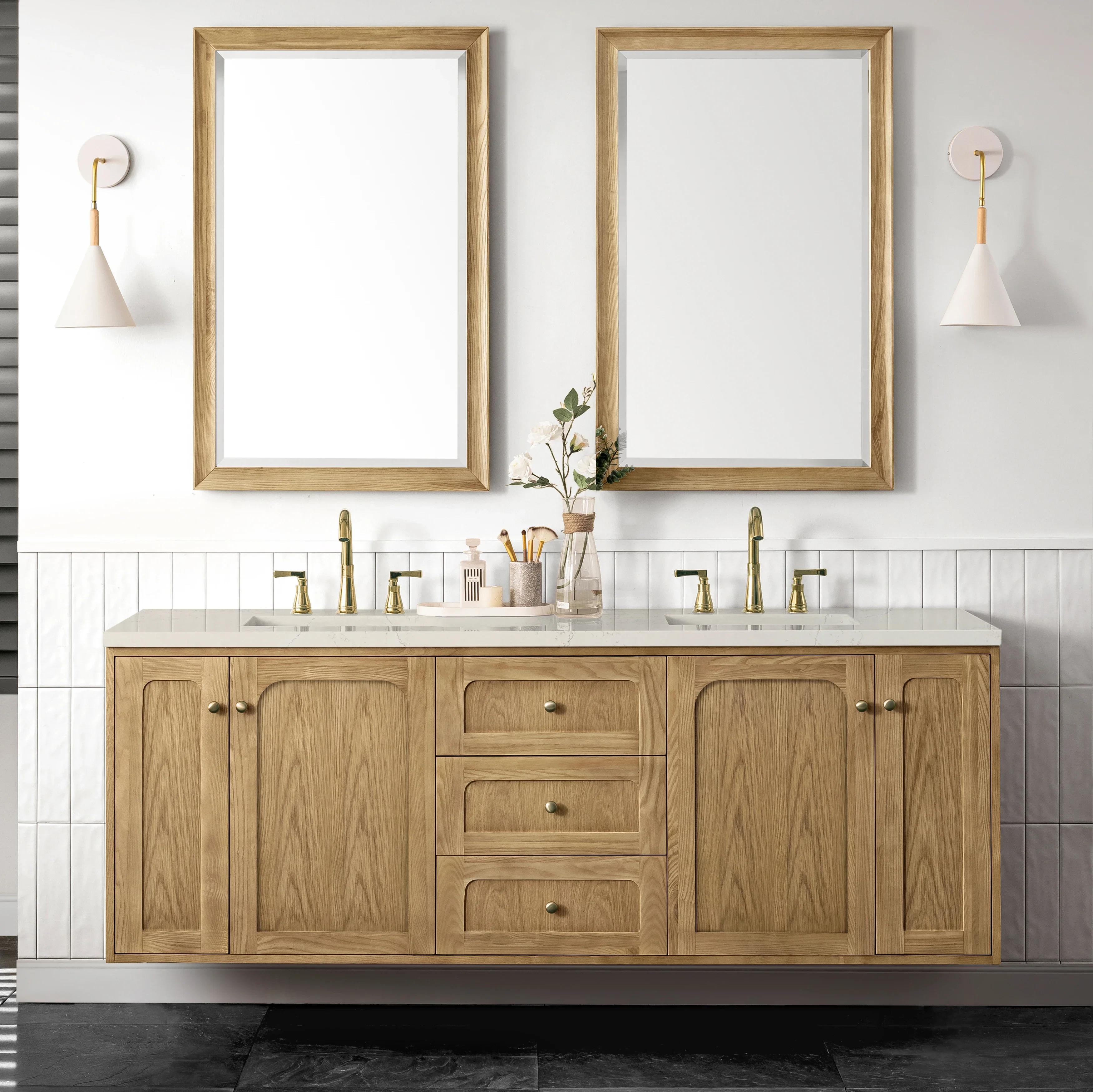 Laurent 72" Double Vanity, Light Natural Oak, w/ 3 CM Siberian Silestone Top w/FreePower Wireless Charger