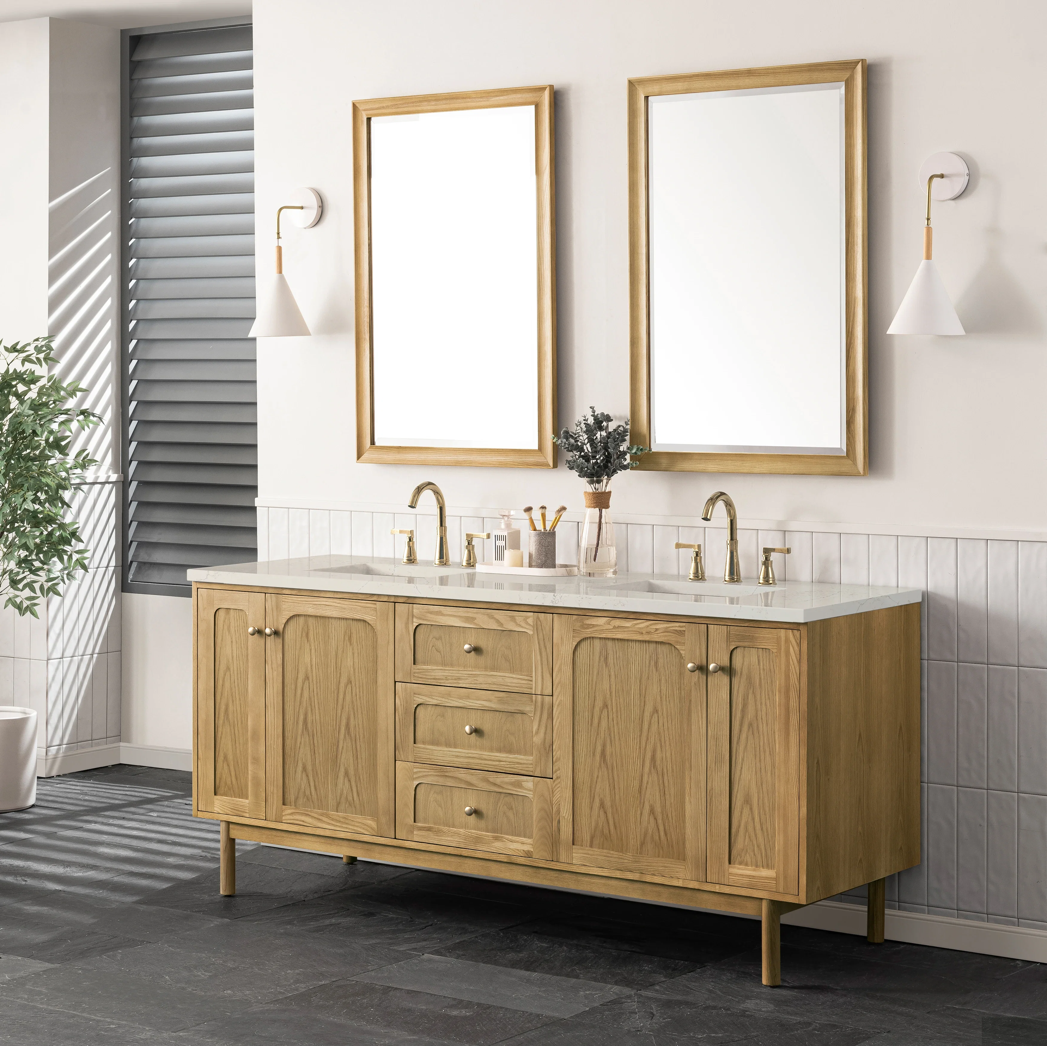Laurent 72" Double Vanity, Light Natural Oak, w/ 3 CM Siberian Silestone Top w/FreePower Wireless Charger