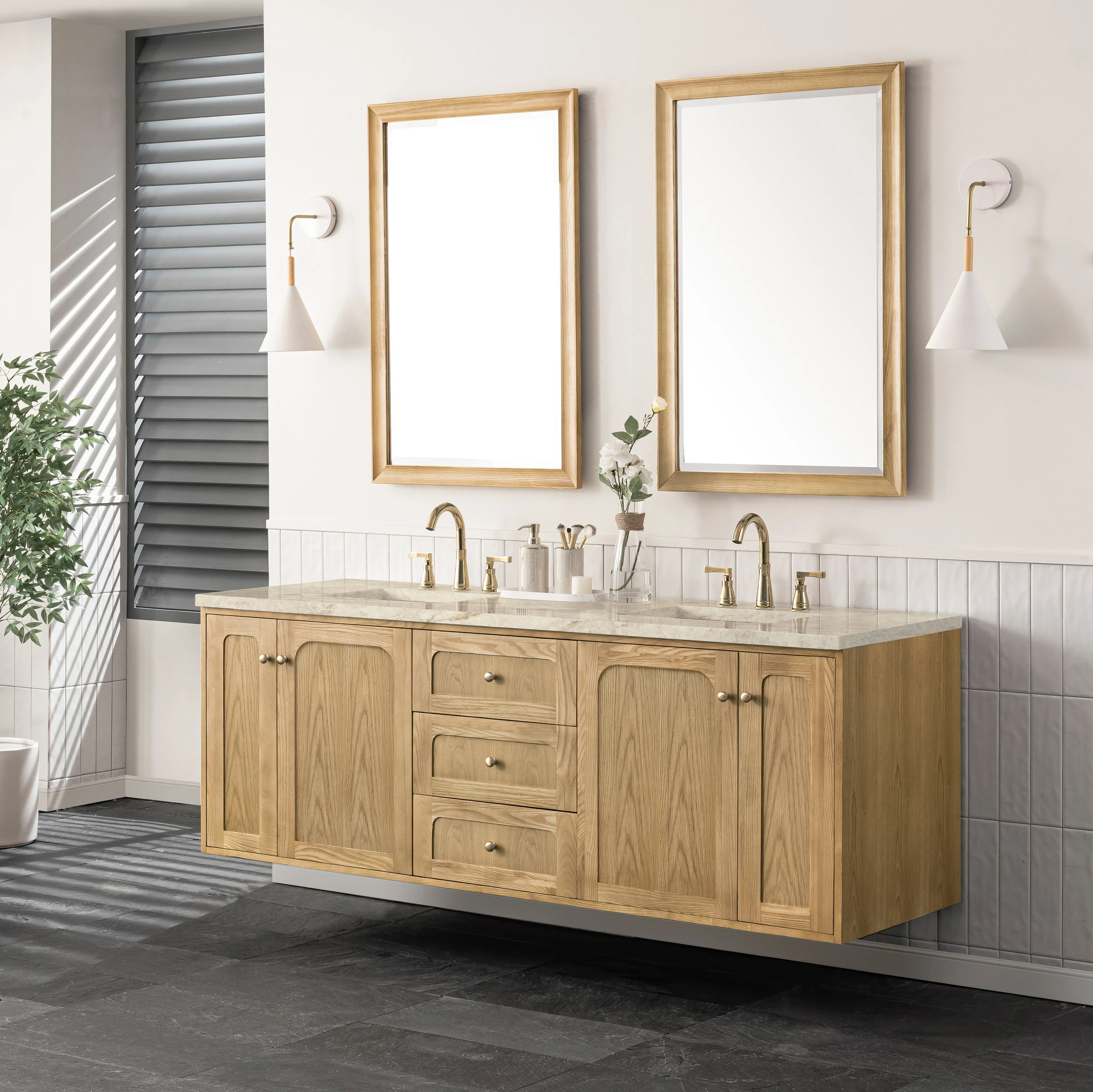 Laurent 72" Double Vanity, Light Natural Oak, w/ 3 CM Tajnar Eclos Top w/FreePower Wireless Charger