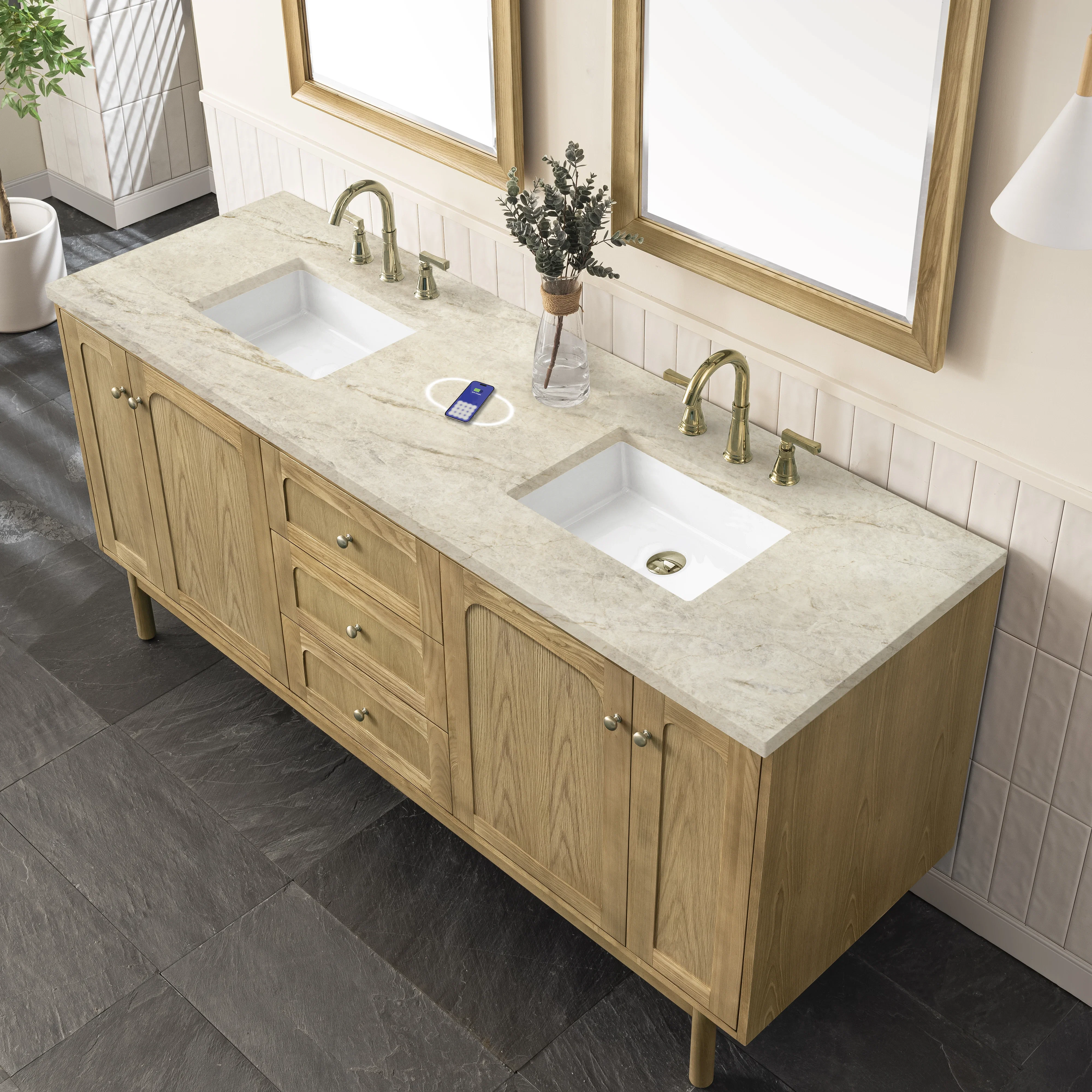 Laurent 72" Double Vanity, Light Natural Oak, w/ 3 CM Tajnar Eclos Top w/FreePower Wireless Charger