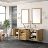 Laurent 72" Double Vanity, Light Natural Oak w/ 3 CM Victorian Silver Top w/FreePower Wireless Charger