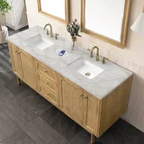 Laurent 72" Double Vanity, Light Natural Oak w/ 3 CM Victorian Silver Top w/FreePower Wireless Charger