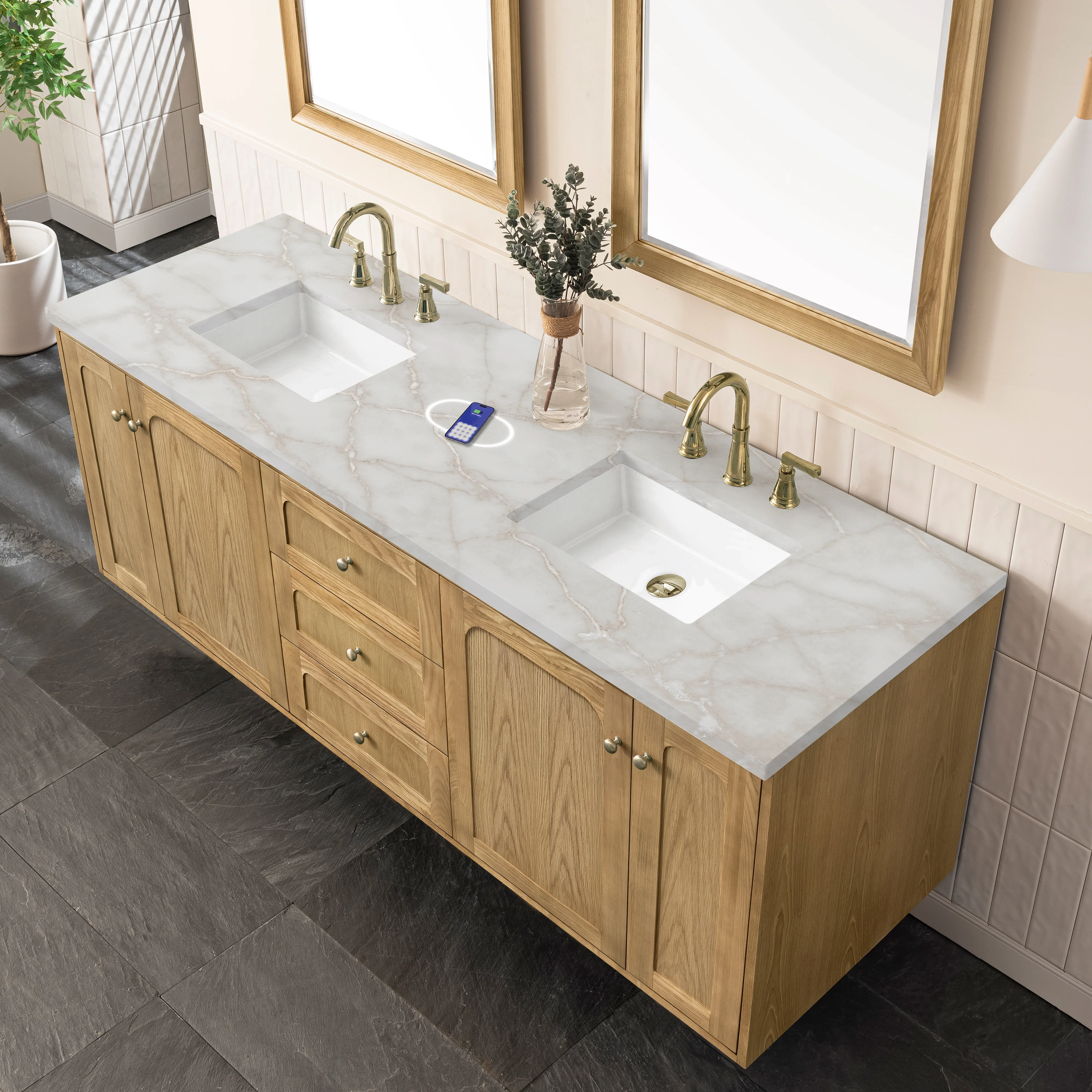 Laurent 72" Double Vanity, Light Natural Oak w/ 3 CM Victorian Silver Top w/FreePower Wireless Charger
