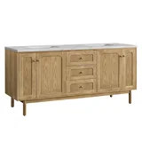 Laurent 72" Double Vanity, Light Natural Oak w/ 3 CM Victorian Silver Top w/FreePower Wireless Charger