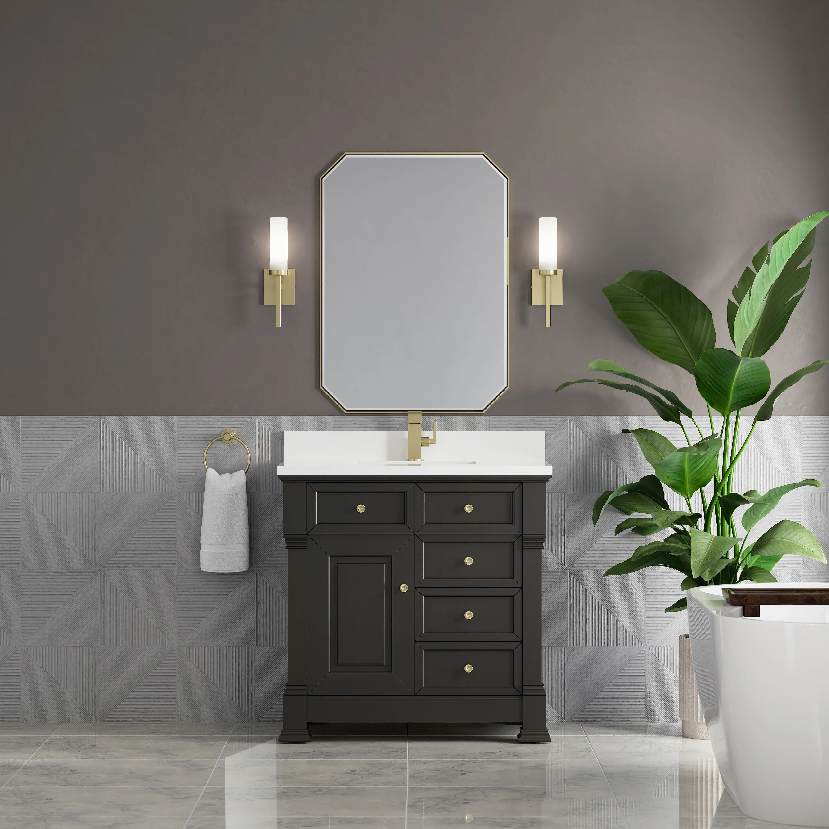 Brookfield 36" Single Vanity, Black Onyx w/ Single Hole 3 CM White Zeus Silestone Top & Backsplash