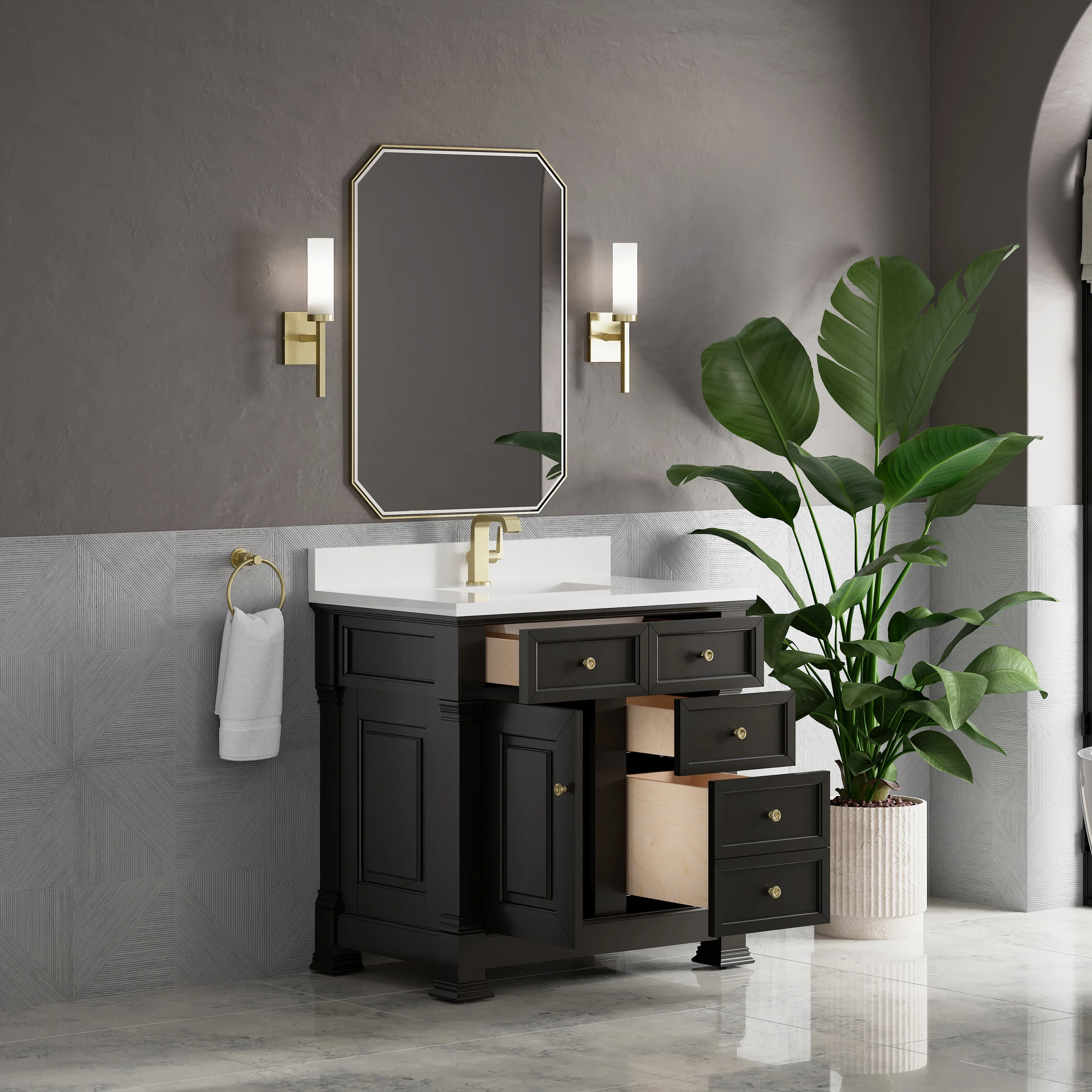 Brookfield 36" Single Vanity, Black Onyx w/ Single Hole 3 CM White Zeus Silestone Top & Backsplash