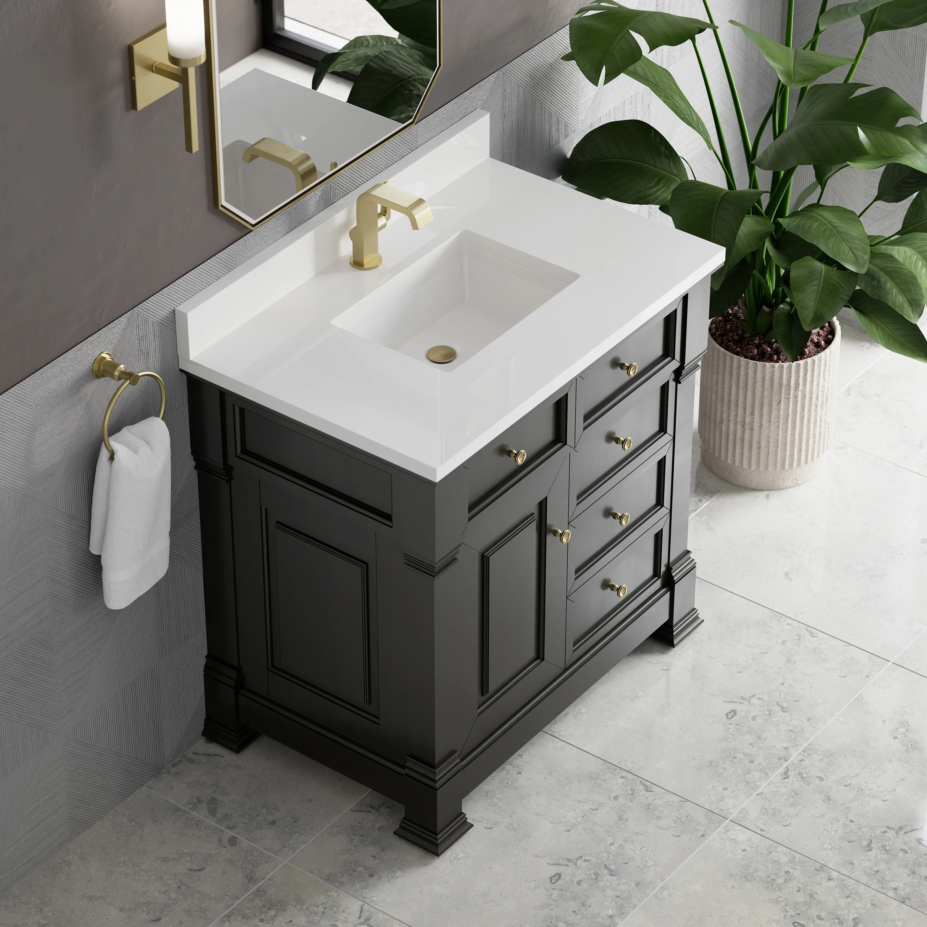 Brookfield 36" Single Vanity, Black Onyx w/ Single Hole 3 CM White Zeus Silestone Top & Backsplash