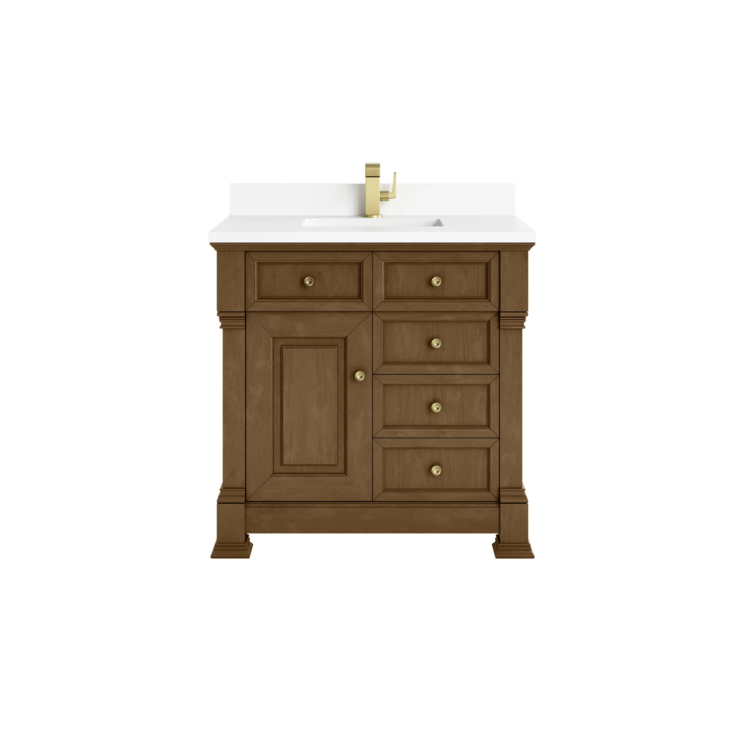 Brookfield 36" Single Vanity, Honey Oak w/ Single Hole 3 CM White Zeus Silestone Top & Backsplash