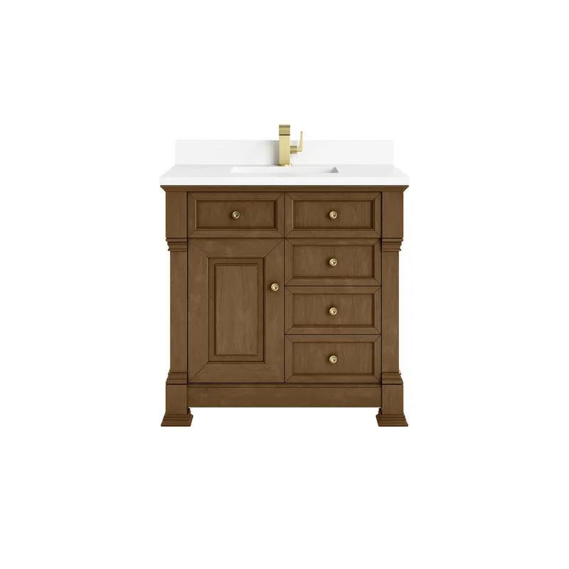 Brookfield 36" Single Vanity, Honey Oak w/ Single Hole 3 CM White Zeus Silestone Top & Backsplash