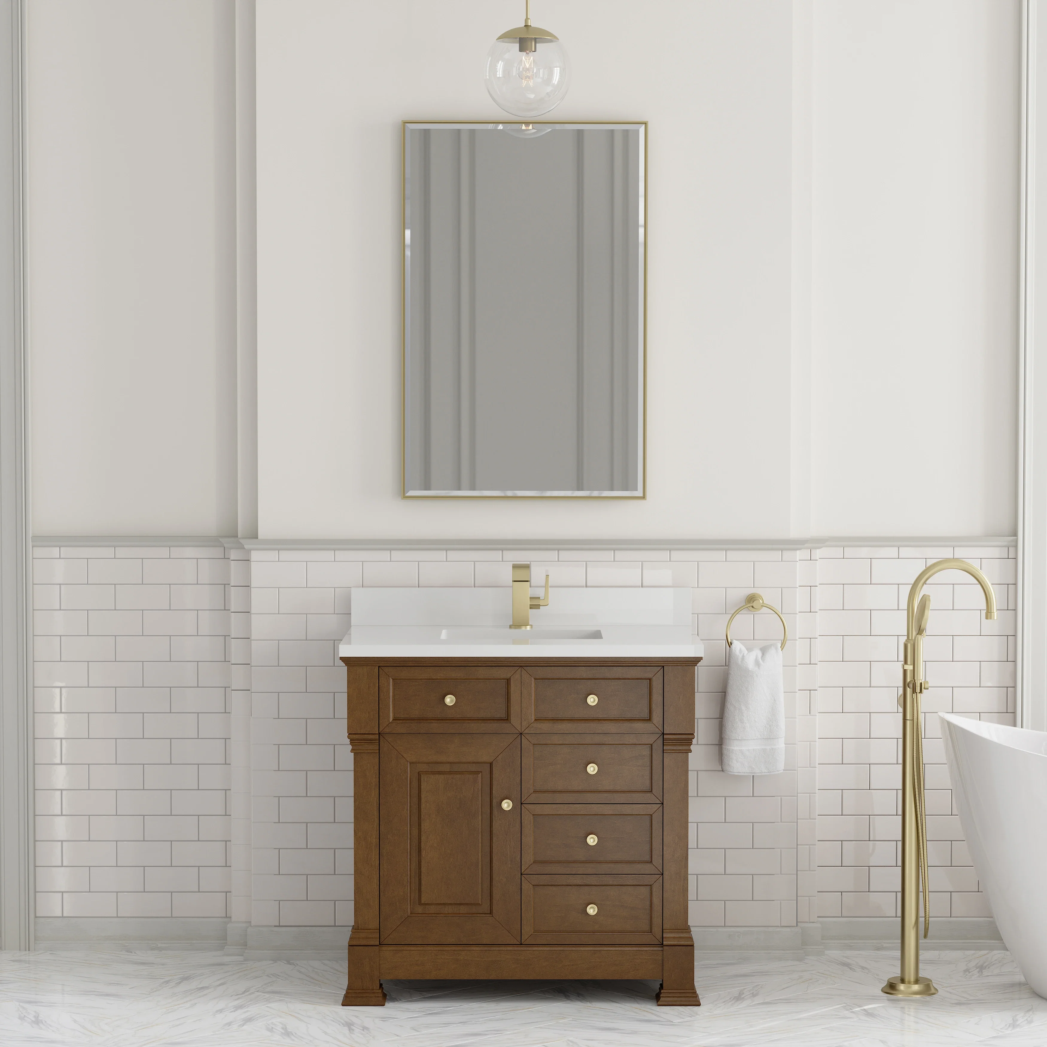 Brookfield 36" Single Vanity, Honey Oak w/ Single Hole 3 CM White Zeus Silestone Top & Backsplash