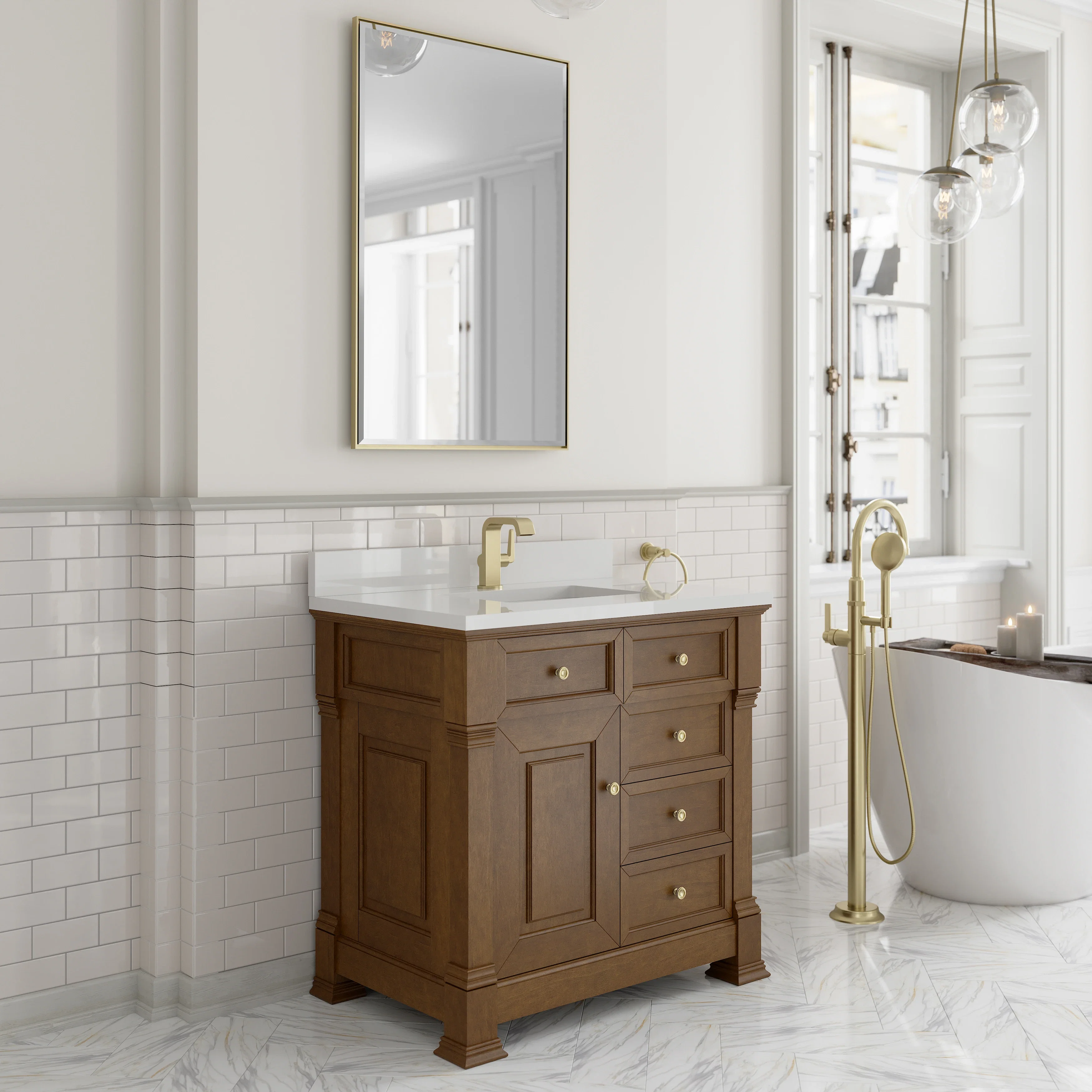 Brookfield 36" Single Vanity, Honey Oak w/ Single Hole 3 CM White Zeus Silestone Top & Backsplash