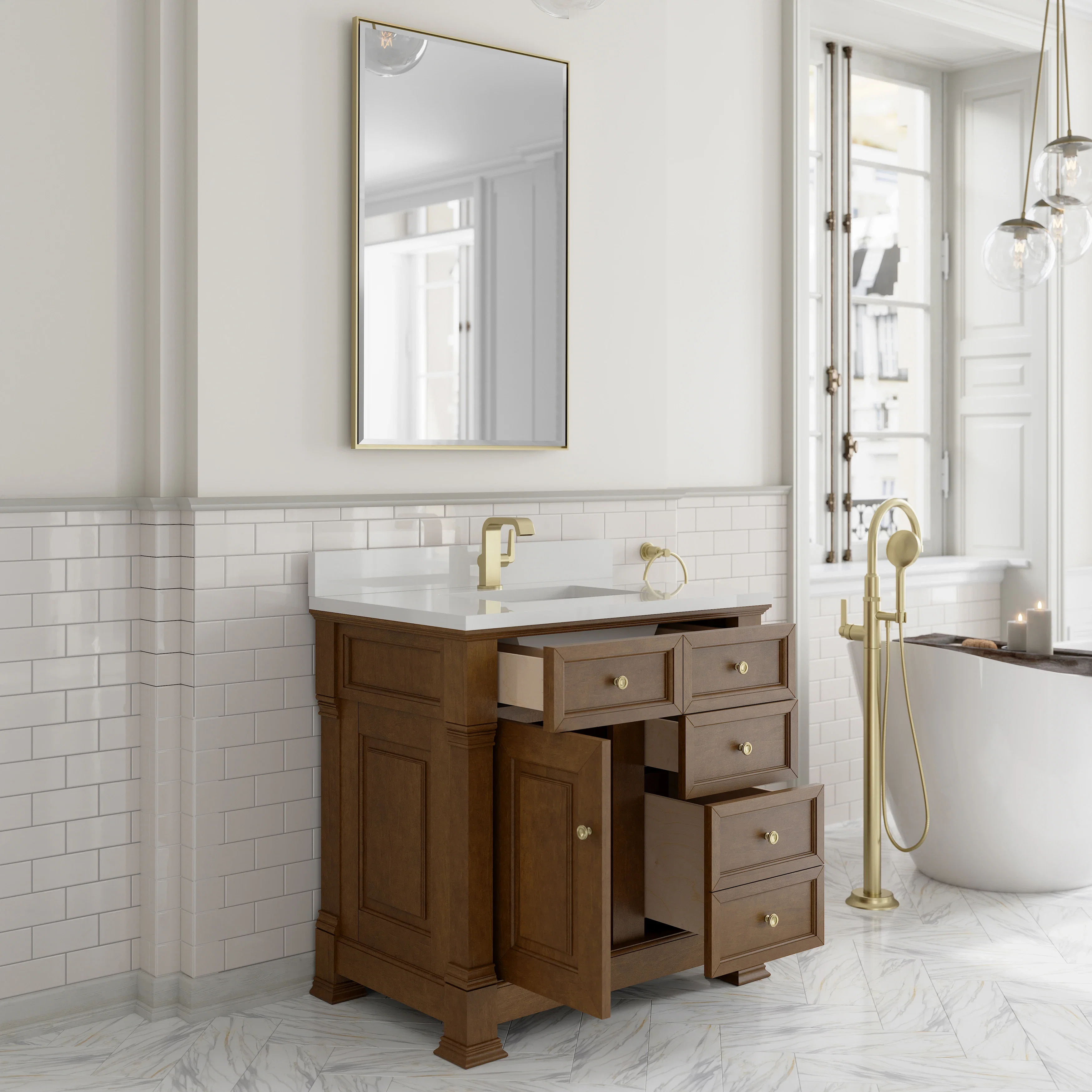 Brookfield 36" Single Vanity, Honey Oak w/ Single Hole 3 CM White Zeus Silestone Top & Backsplash