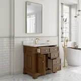 Brookfield 36" Single Vanity, Honey Oak w/ Single Hole 3 CM White Zeus Silestone Top & Backsplash