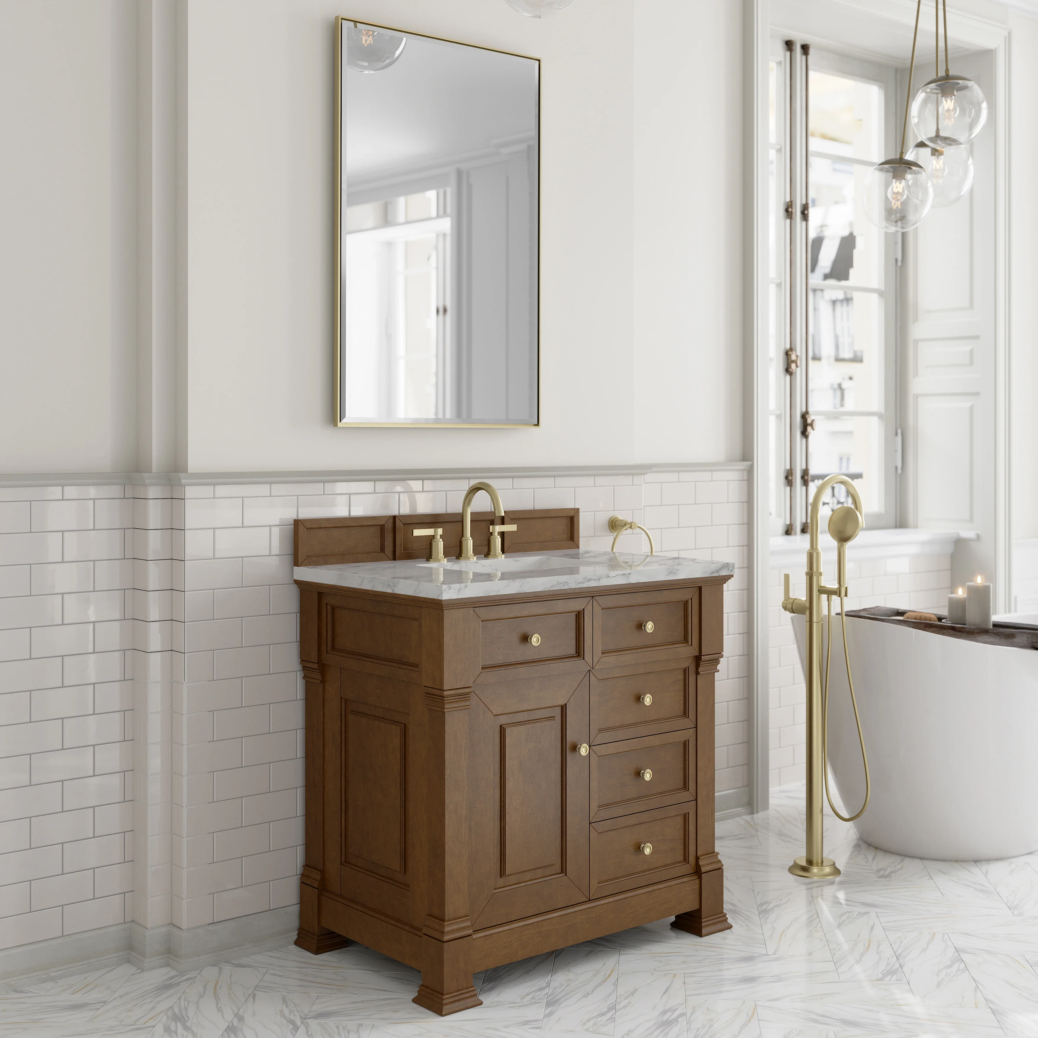 Brookfield 36" Single Vanity, Honey Oak w/ 3 cm Carrara White Marble Top