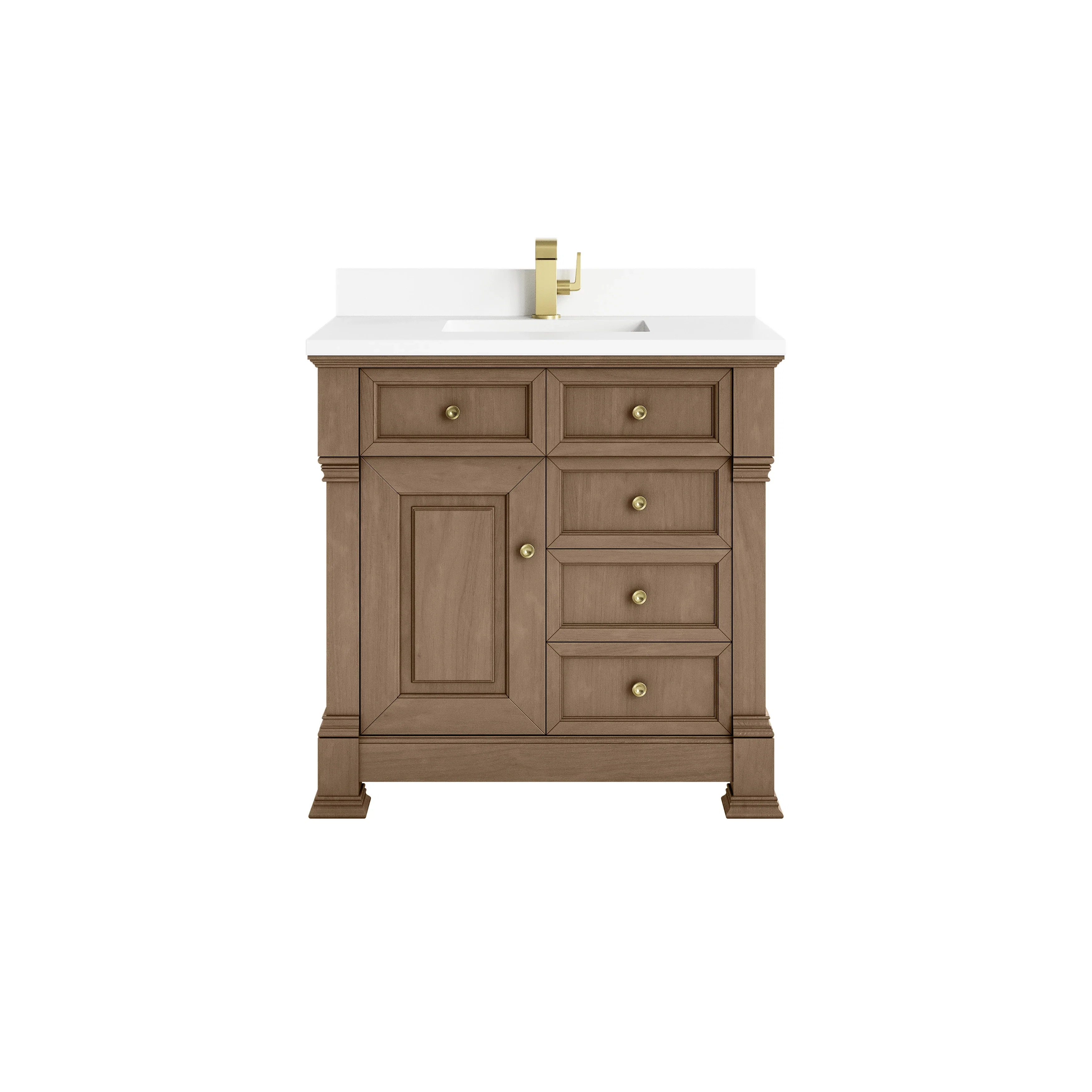 Brookfield 36" Single Vanity, Pecan w/ Single Hole 3CM White Zeus Silestone Top & Backsplash