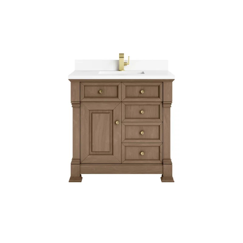 Brookfield 36" Single Vanity, Pecan w/ Single Hole 3CM White Zeus Silestone Top & Backsplash