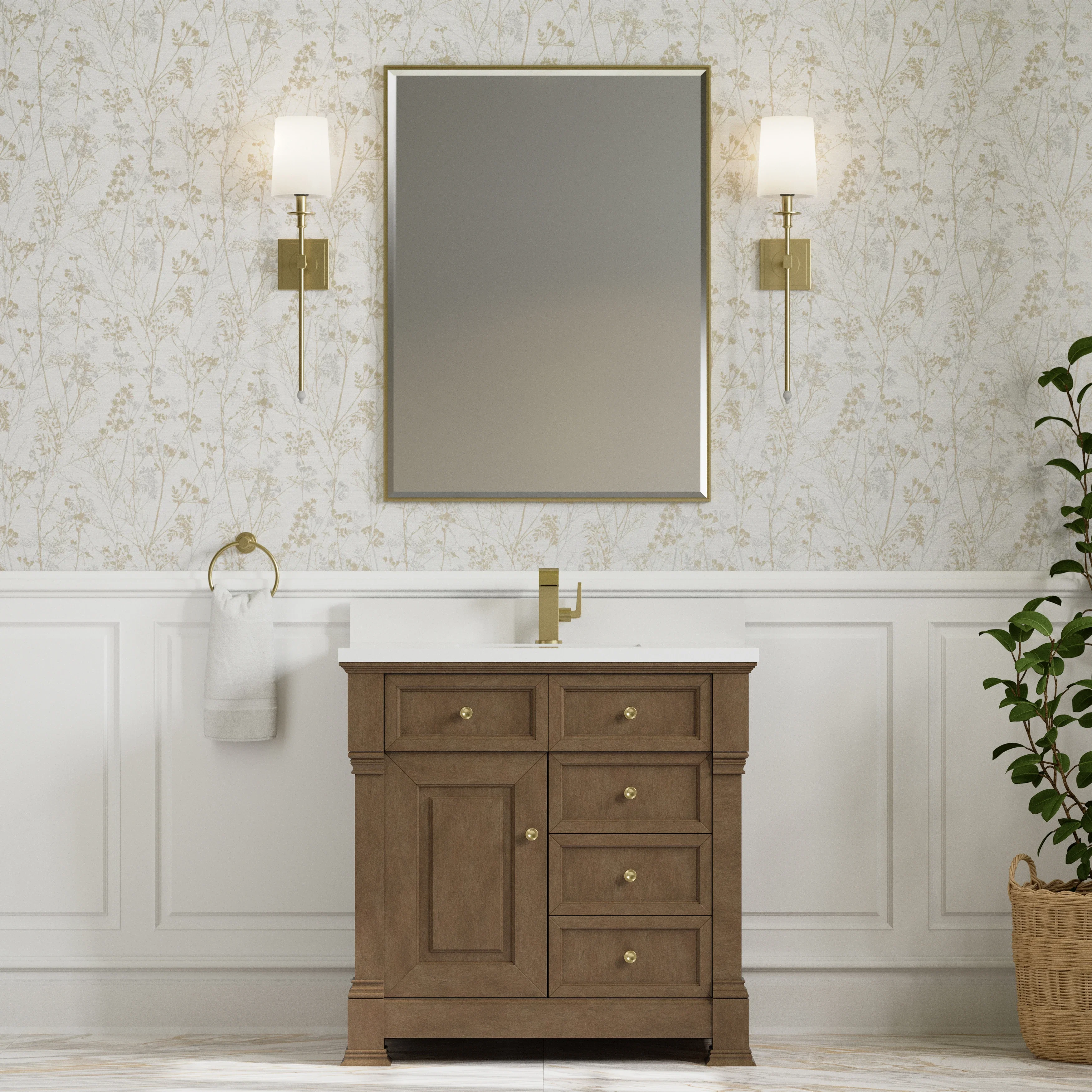 Brookfield 36" Single Vanity, Pecan w/ Single Hole 3CM White Zeus Silestone Top & Backsplash