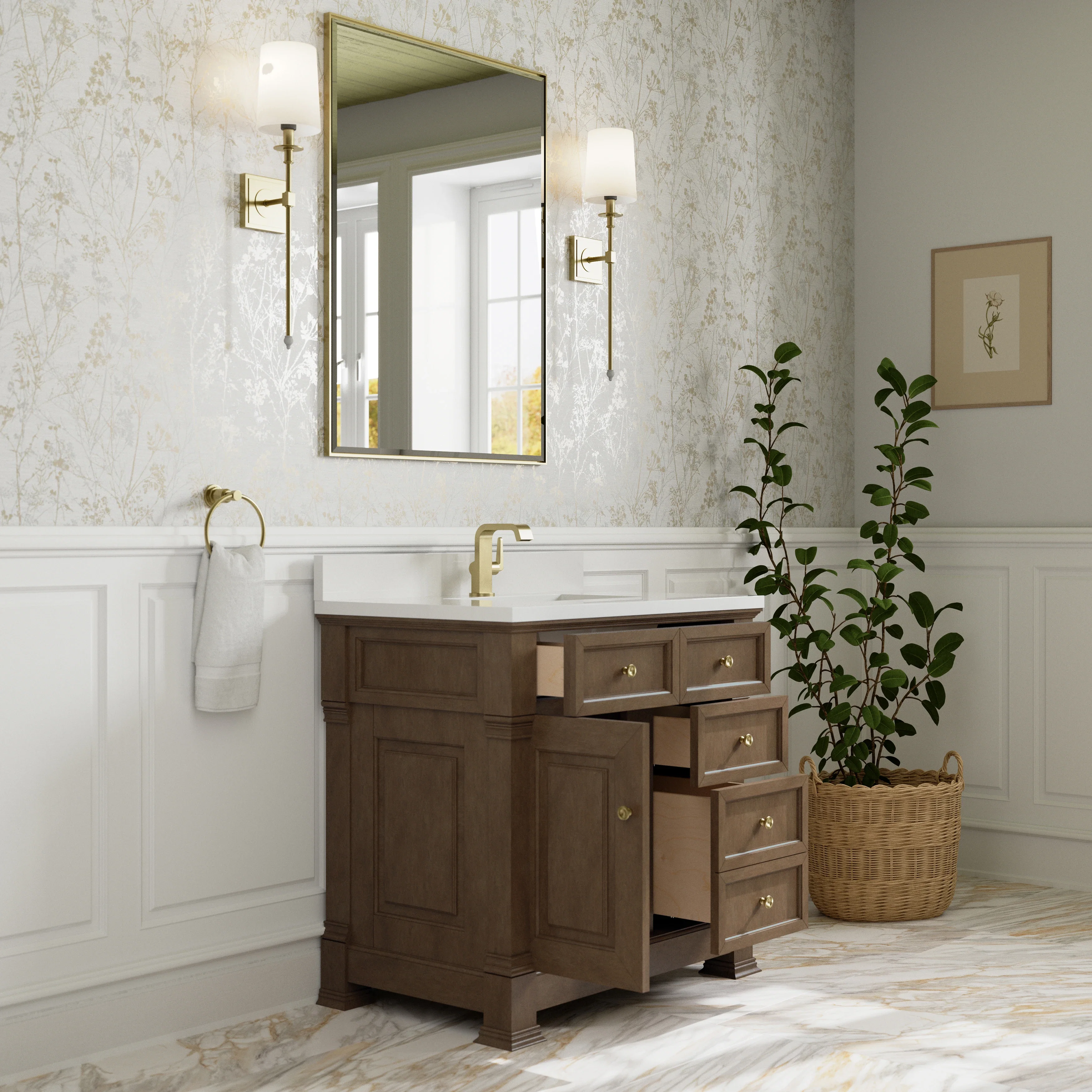 Brookfield 36" Single Vanity, Pecan w/ Single Hole 3CM White Zeus Silestone Top & Backsplash