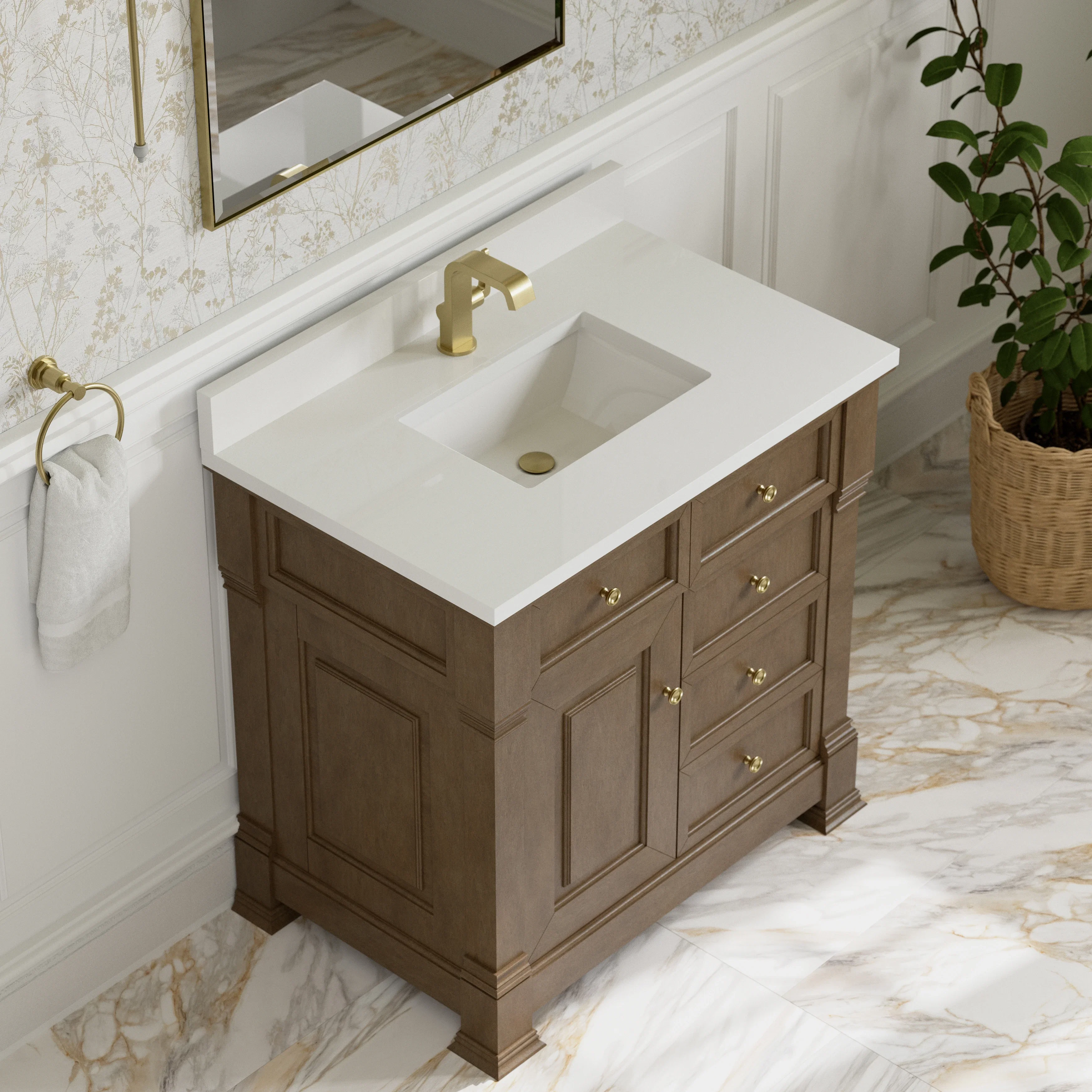 Brookfield 36" Single Vanity, Pecan w/ Single Hole 3CM White Zeus Silestone Top & Backsplash