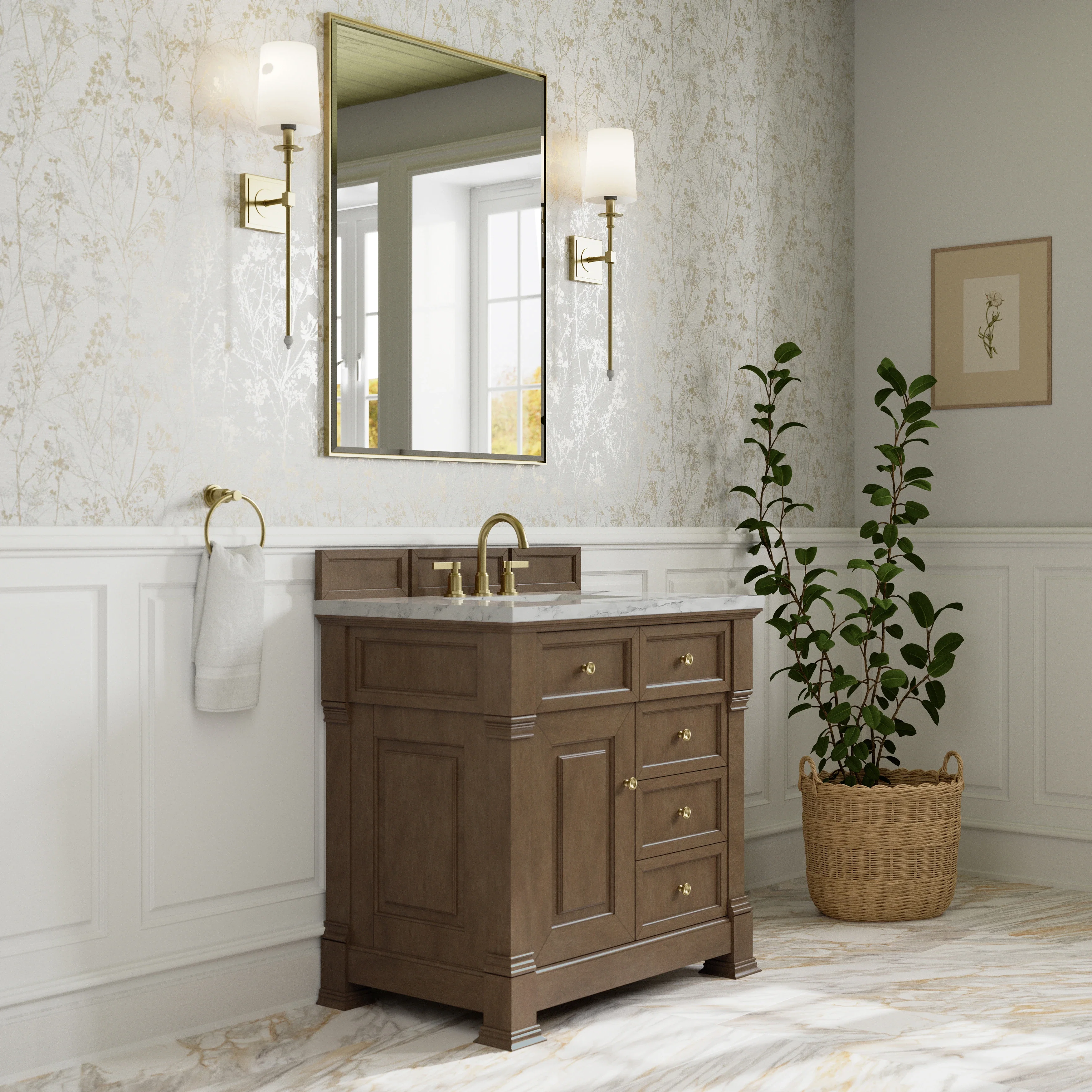 Brookfield 36" Single Vanity, Pecan w/3 CM Carrara White Marble Top