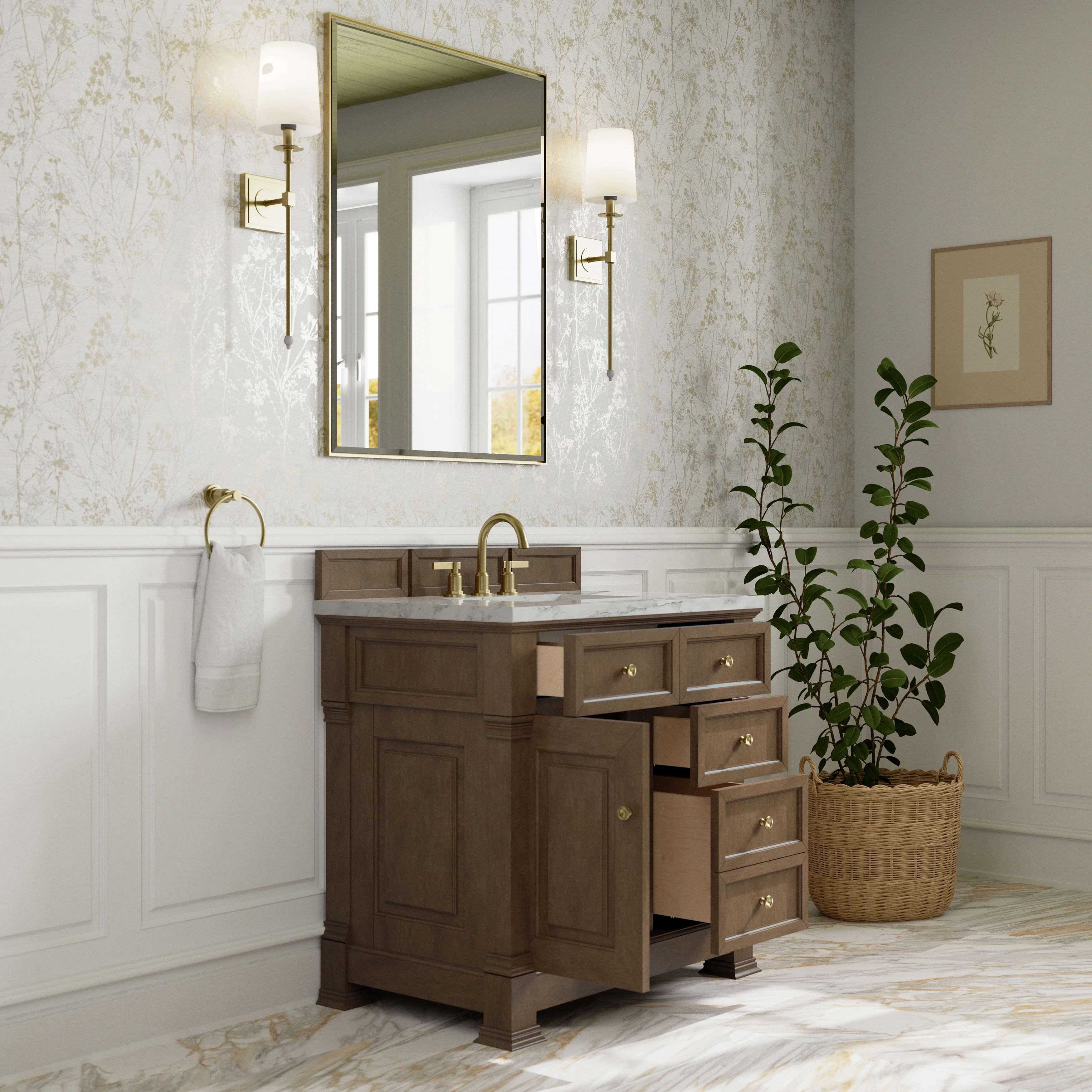 Brookfield 36" Single Vanity, Pecan w/3 CM Carrara White Marble Top