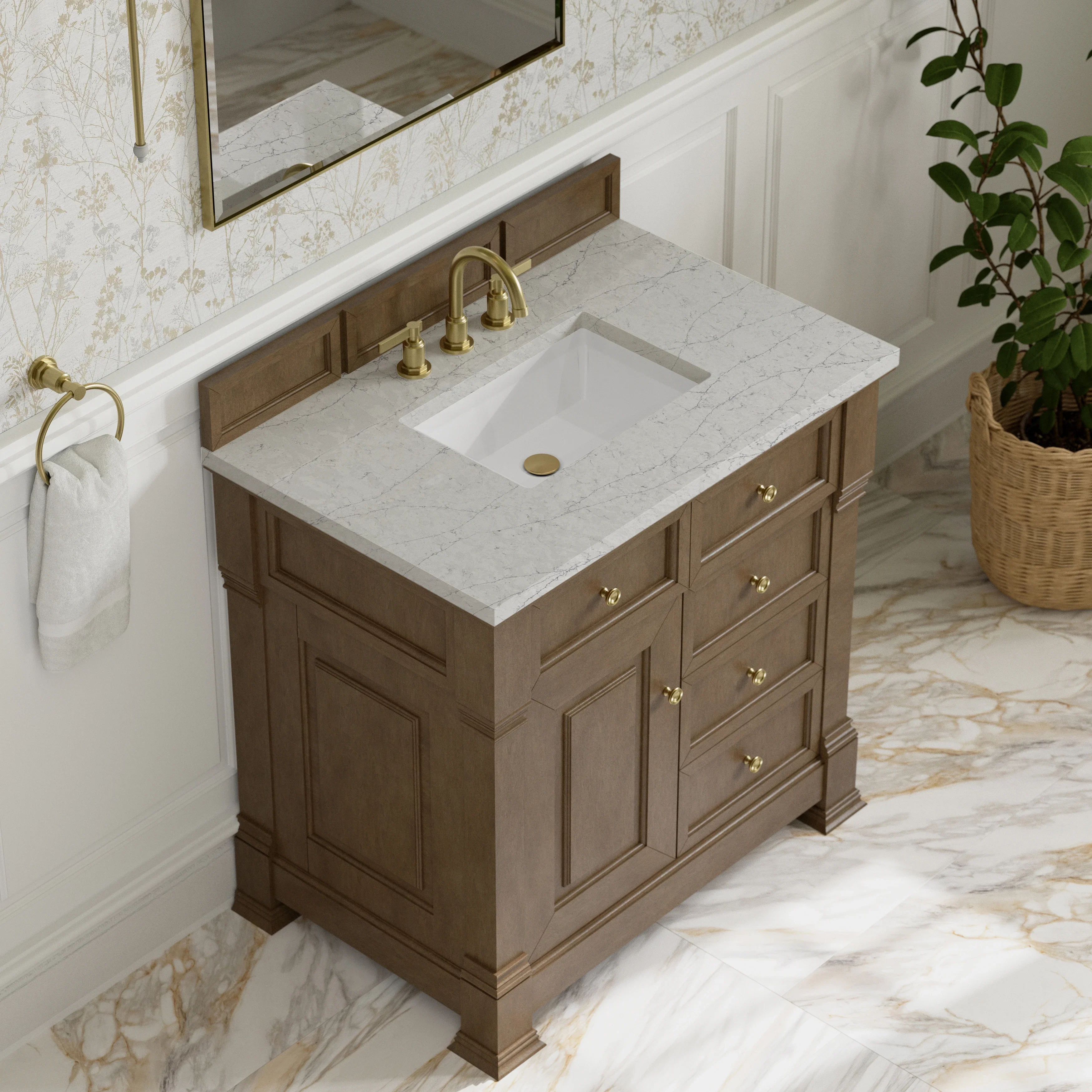 Brookfield 36" Single Vanity, Pecan w/3 CM Eternal Jasmine Pearl Silestone Top