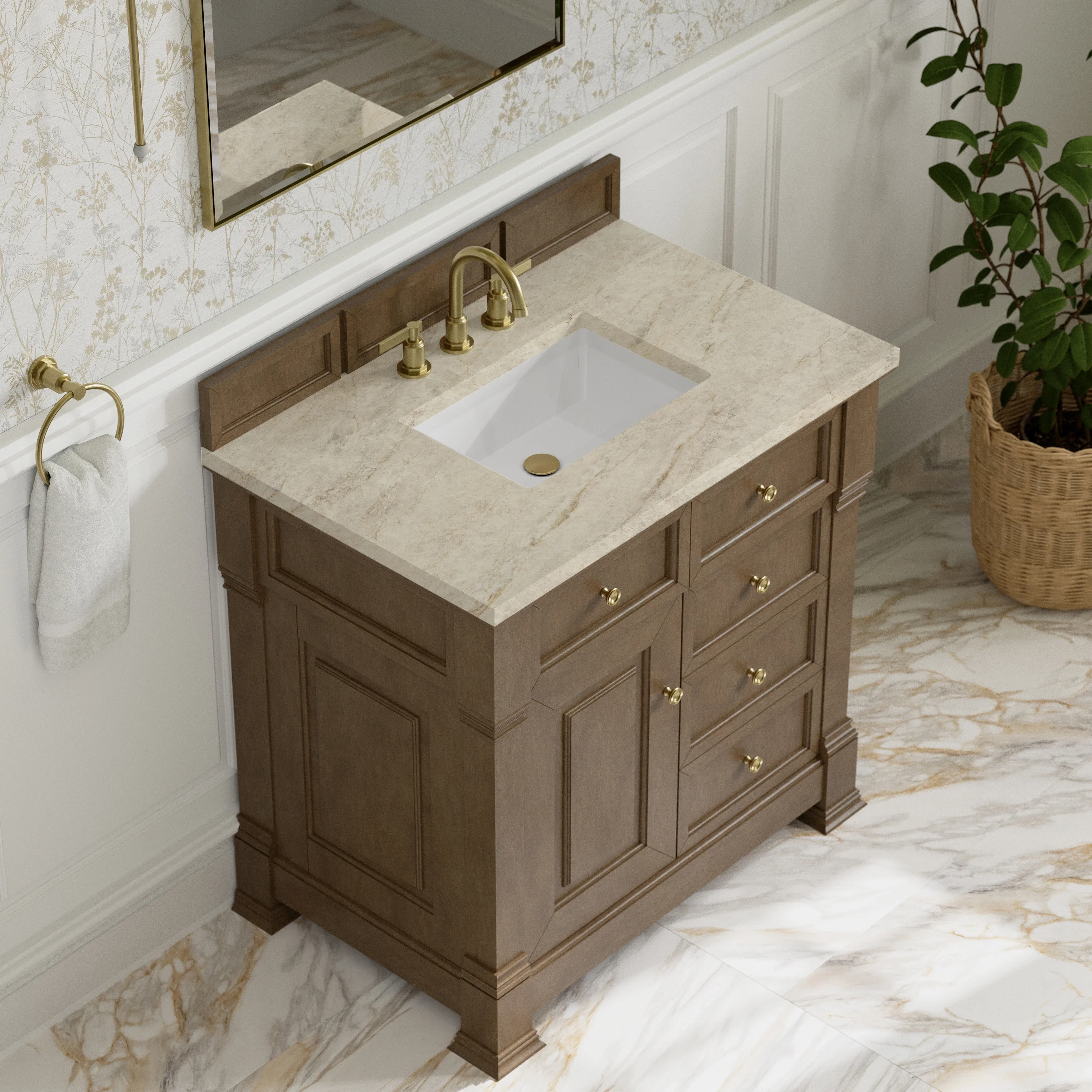 Brookfield 36" Single Vanity, Pecan, w/ 3 CM Tajnar Eclos Top
