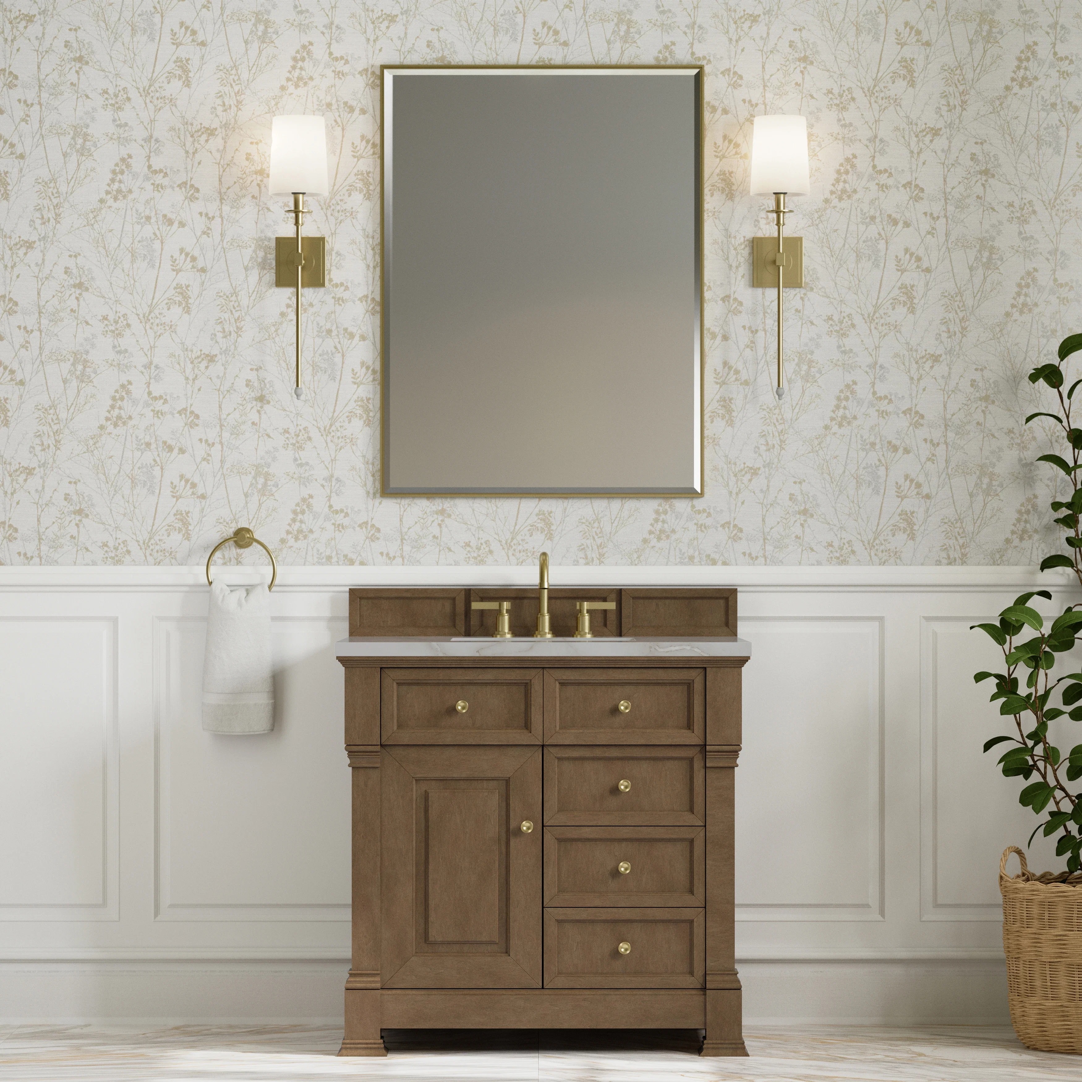 Brookfield 36" Single Vanity, Pecan w/ 3 CM Victorian Silver Silestone  Top