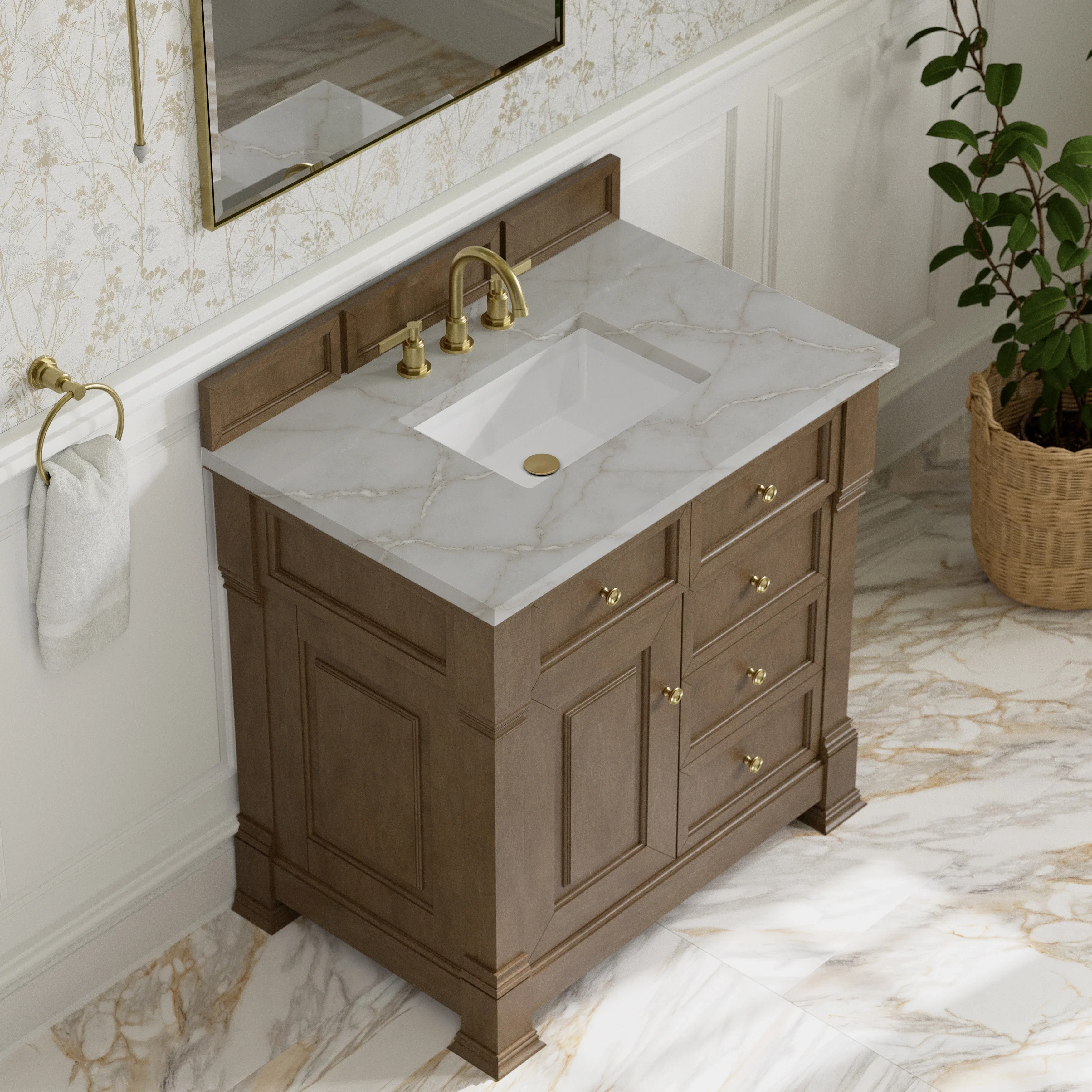 Brookfield 36" Single Vanity, Pecan w/ 3 CM Victorian Silver Silestone  Top
