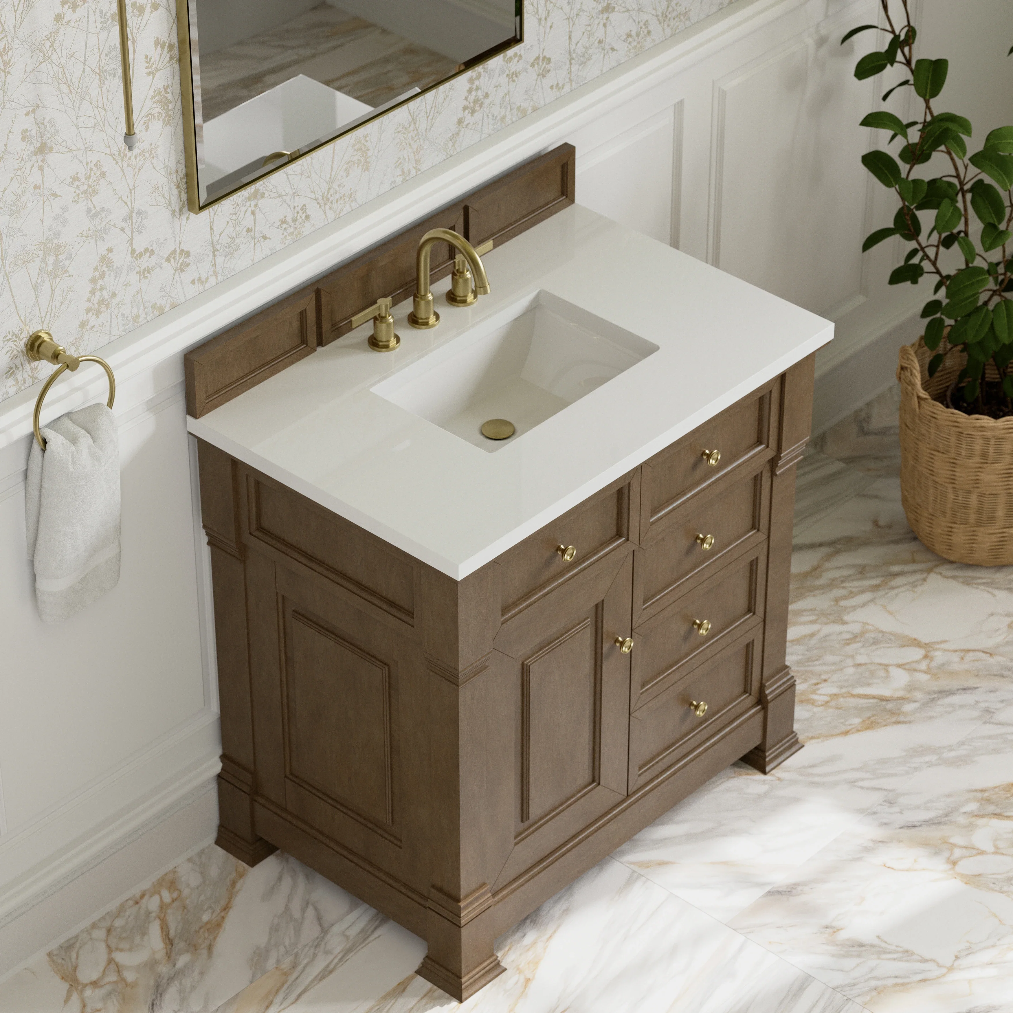 Brookfield 36" Single Vanity, Pecan, w/ 3 CM White Zeus Silestone Top