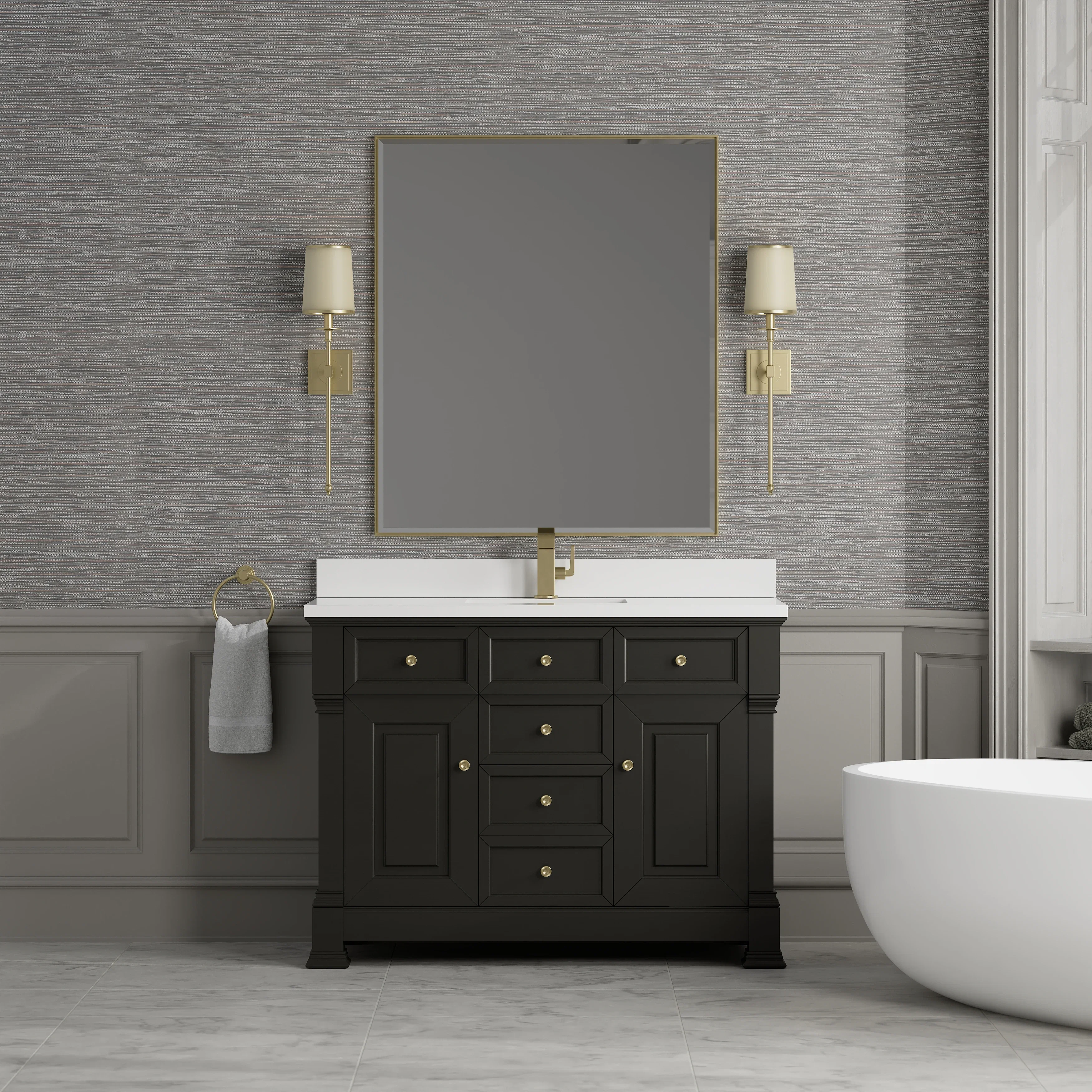 Brookfield 48" Single Vanity, Black Onyx w/ Single Hole 3 CM White Zeus Silestone Top & Backsplash