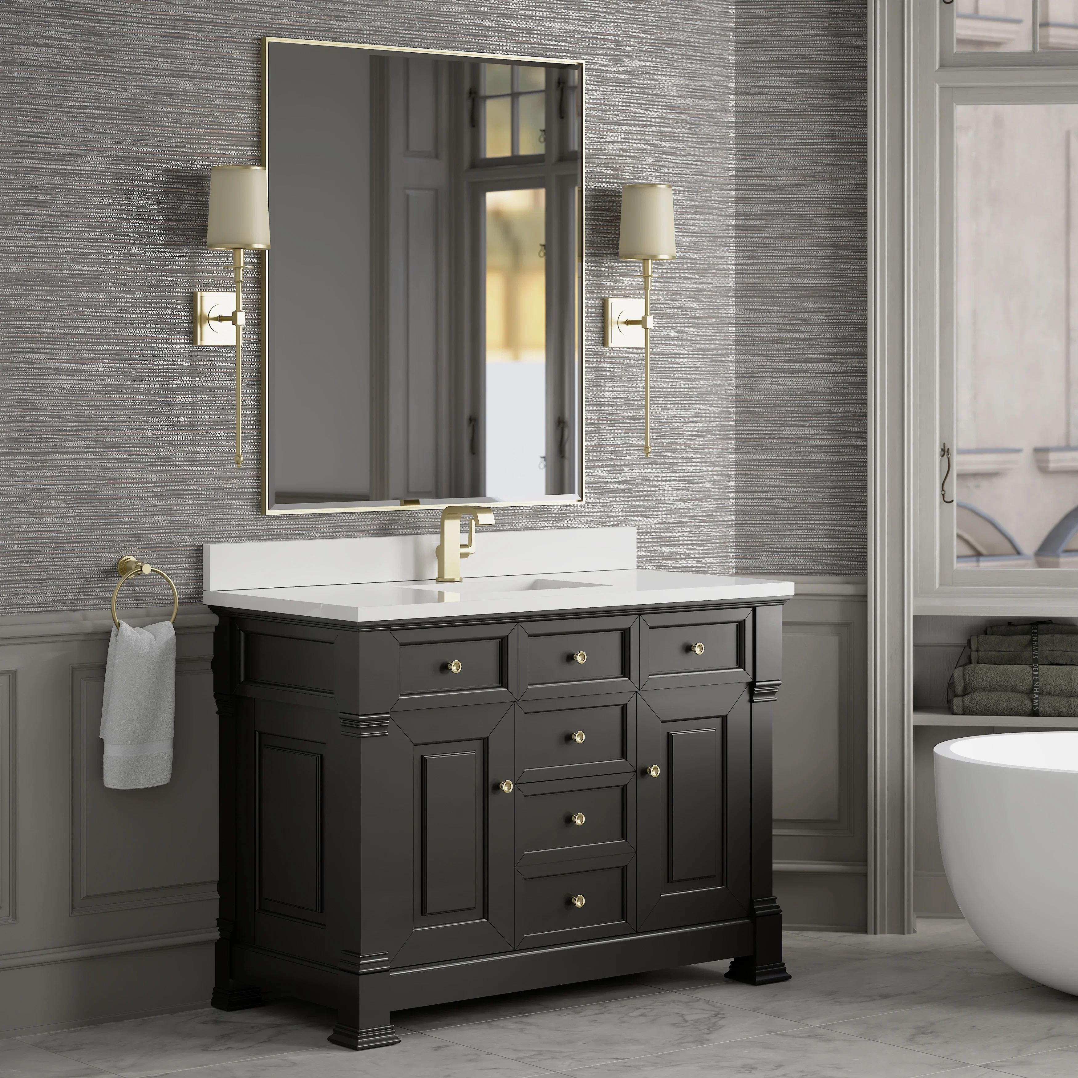 Brookfield 48" Single Vanity, Black Onyx w/ Single Hole 3 CM White Zeus Silestone Top & Backsplash