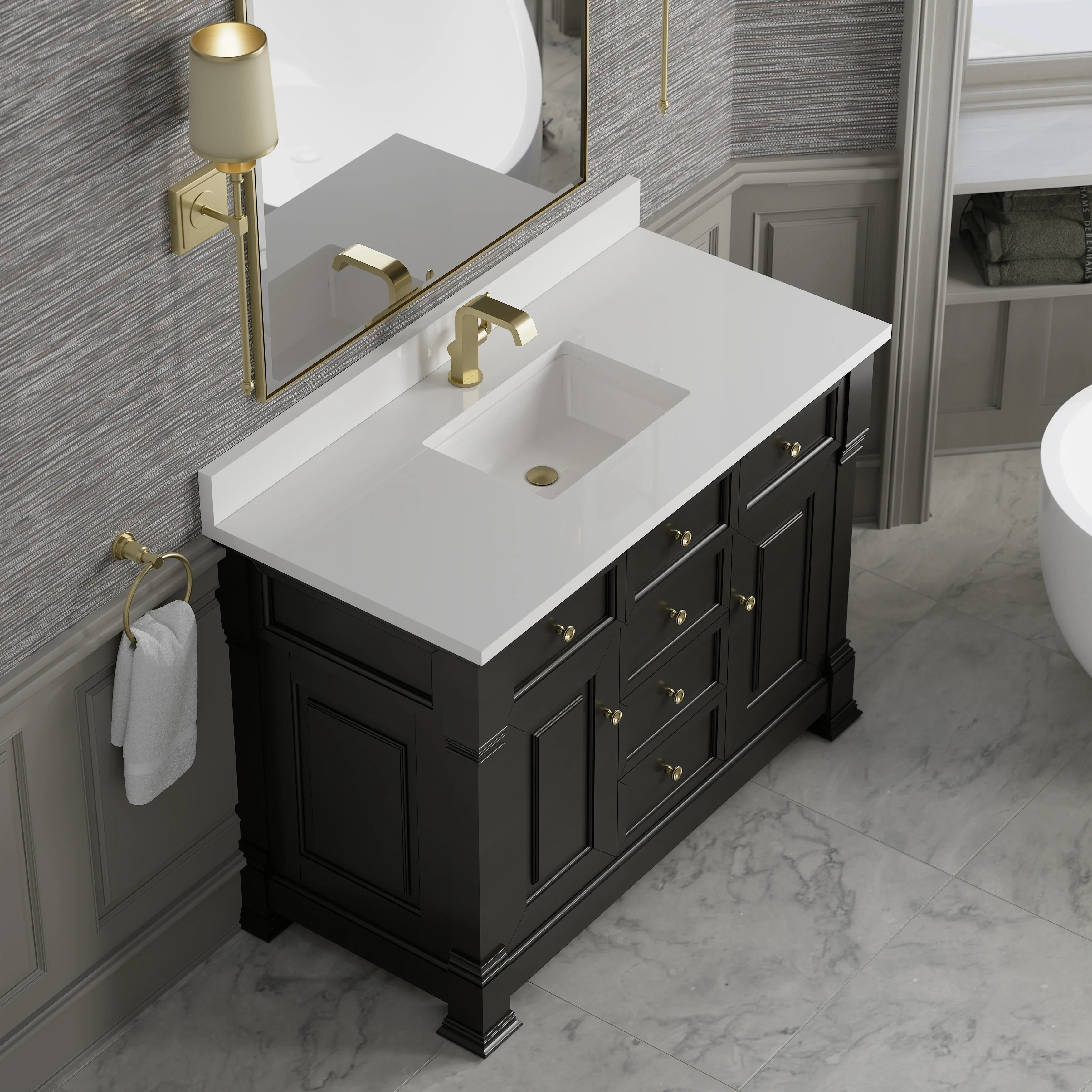 Brookfield 48" Single Vanity, Black Onyx w/ Single Hole 3 CM White Zeus Silestone Top & Backsplash