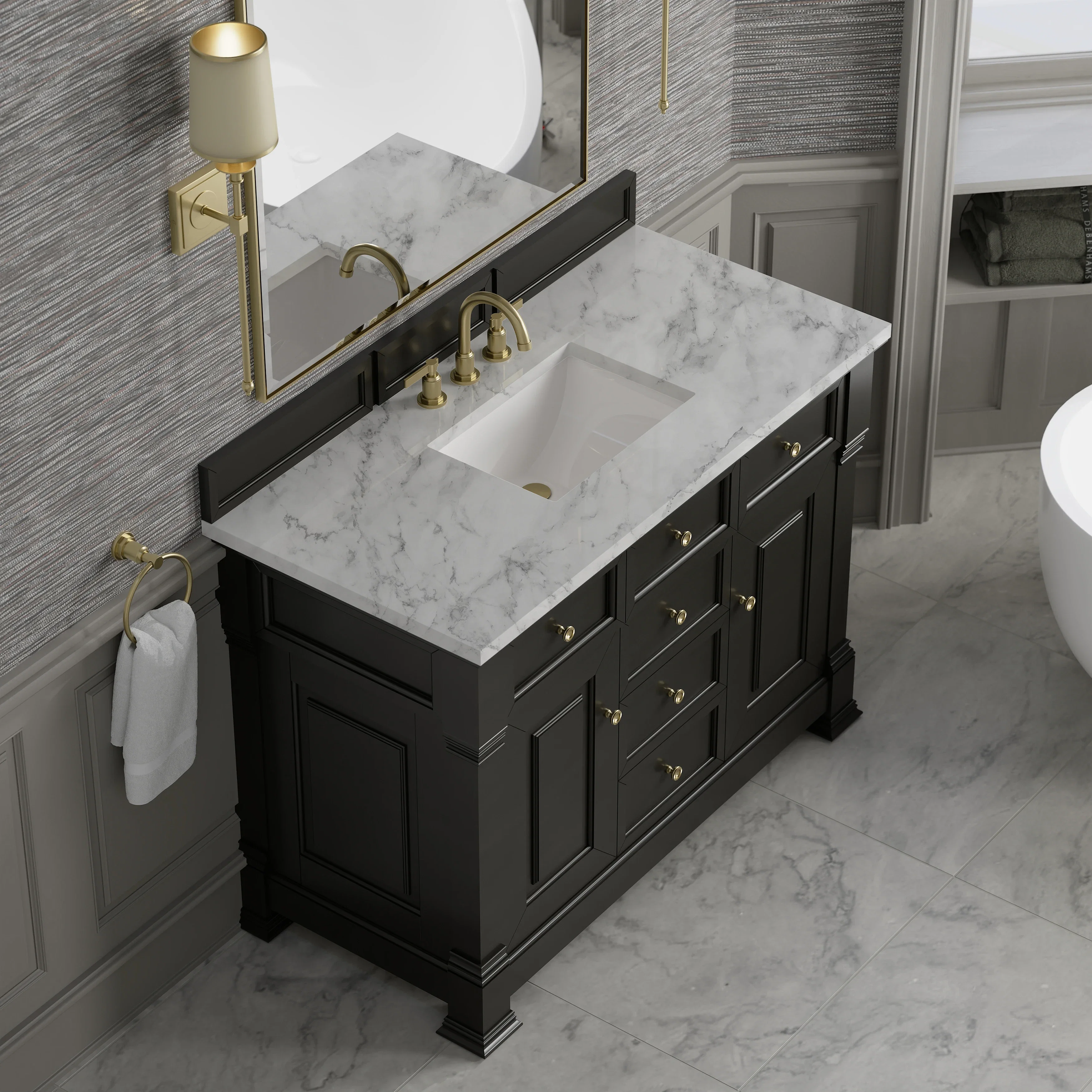 Brookfield 48" Single Vanity, Black Onyx w/3 CM Carrara White Marble Top