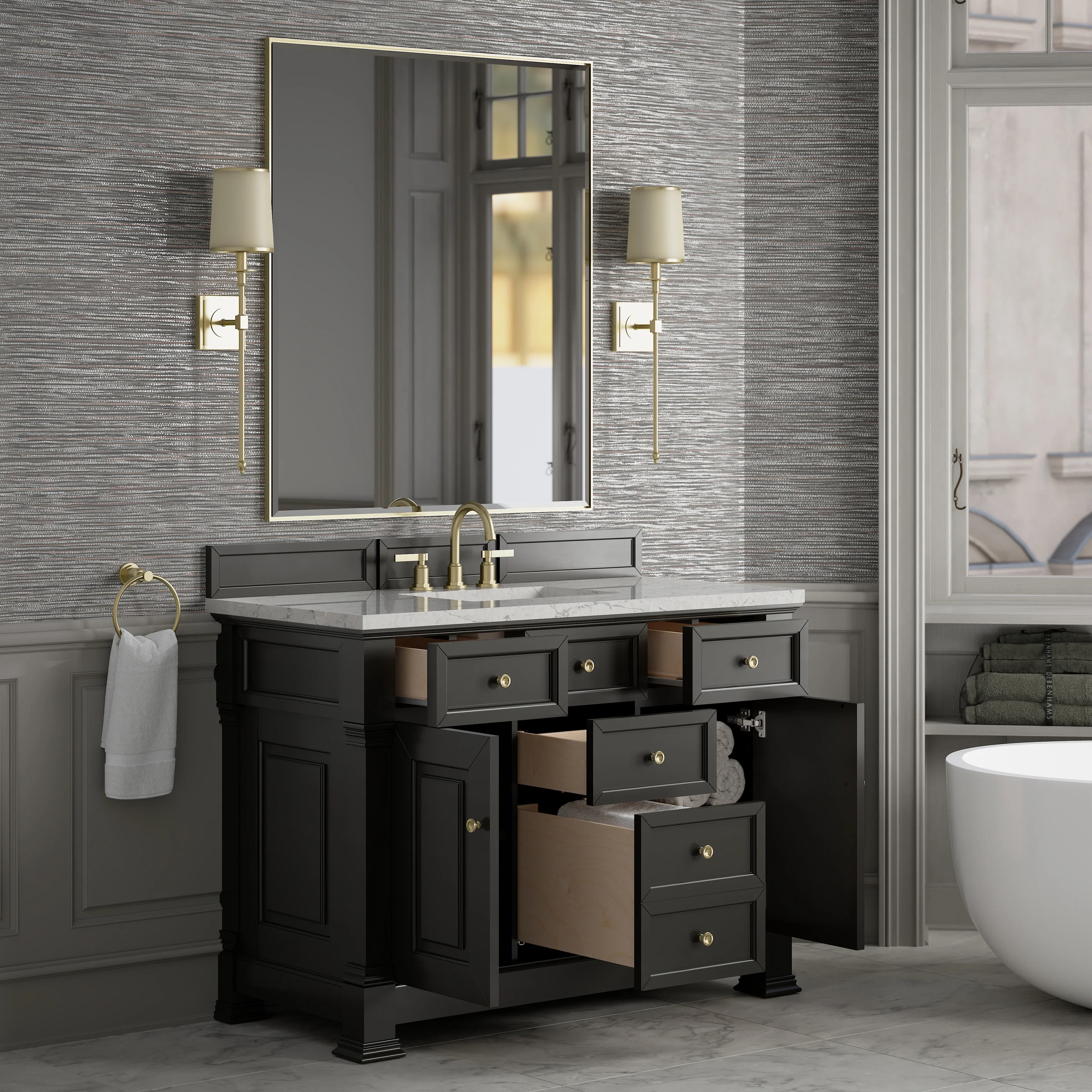 Brookfield 48" Single Vanity, Black Onyx w/ 3 CM Eternal Jasmine Pearl Silestone Top w/ FreePower Wireless Charger