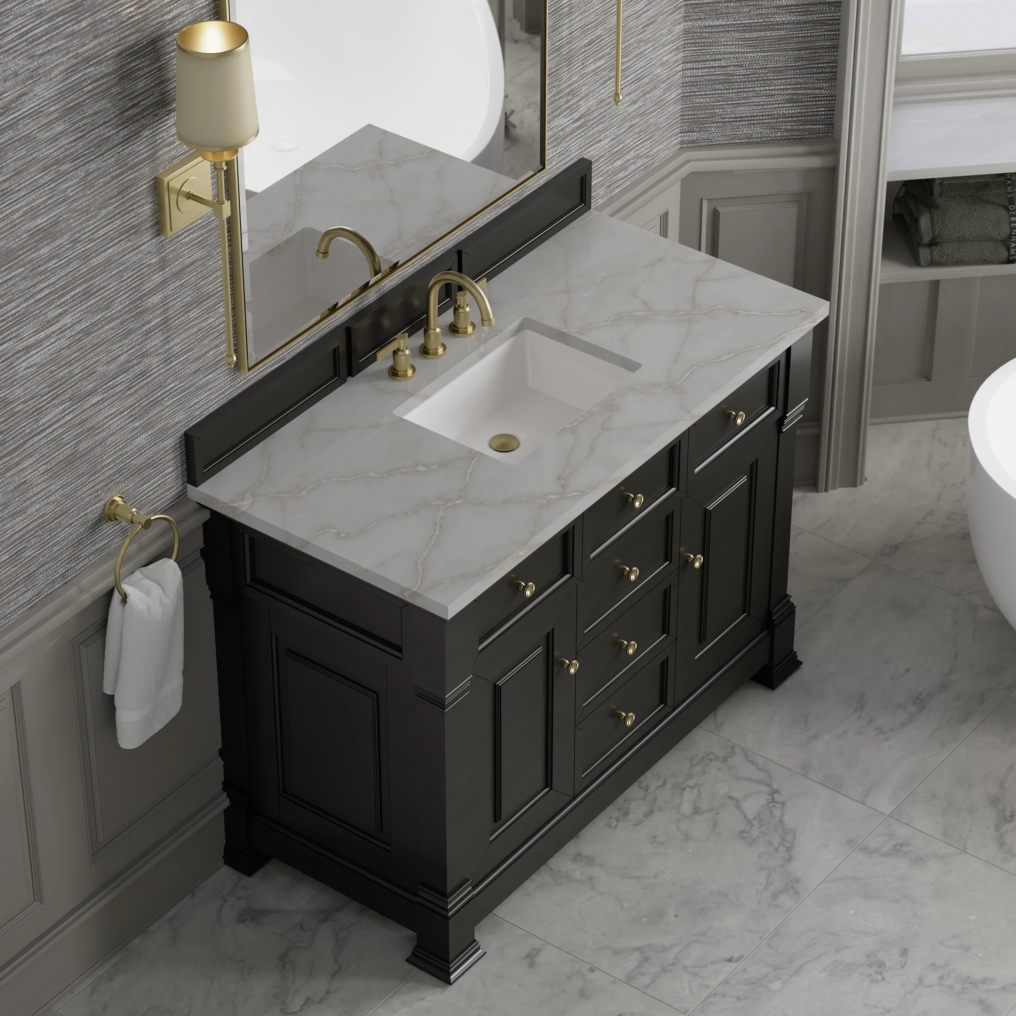Brookfield 48" Single Vanity, Black Onyx w/ 3 CM Victorian Silver Silestone Top w/ FreePower Wireless Charger