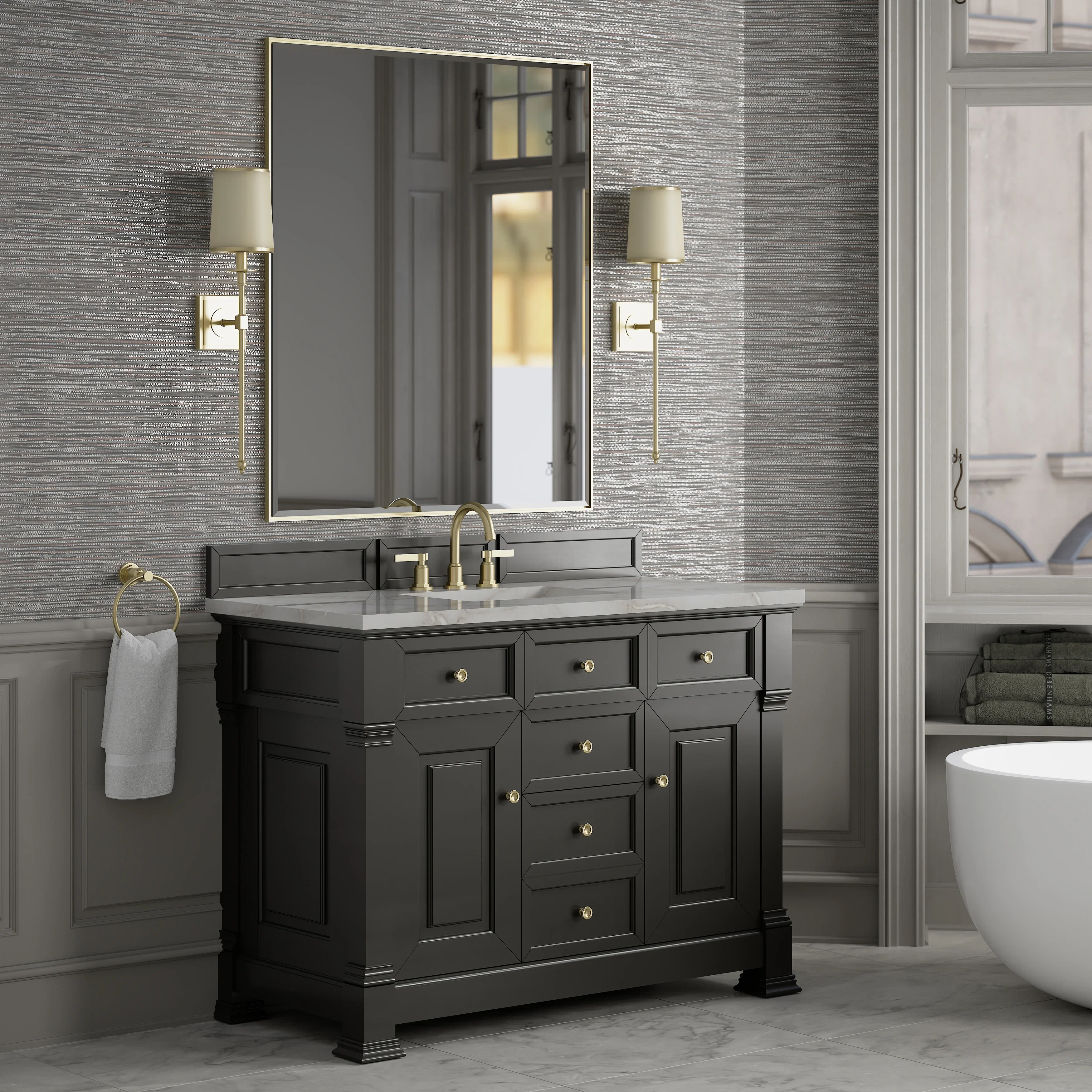 Brookfield 48" Single Vanity, Black Onyx w/ 3 CM Victorian Silver Silestone Top w/ FreePower Wireless Charger