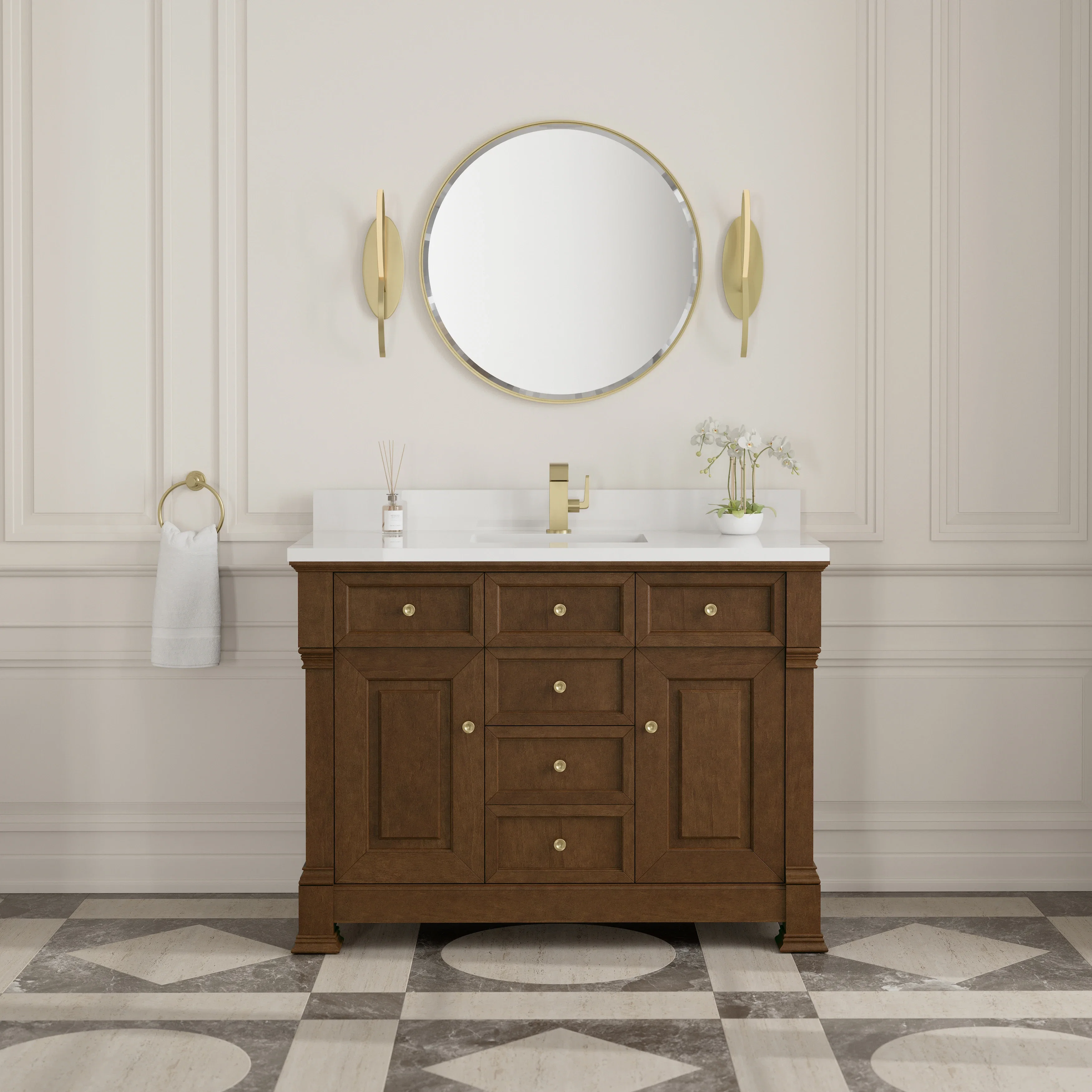 Brookfield 48" Single Vanity, Honey Oak w/ Single Hole 3 CM White Zeus Silestone Top & Backsplash