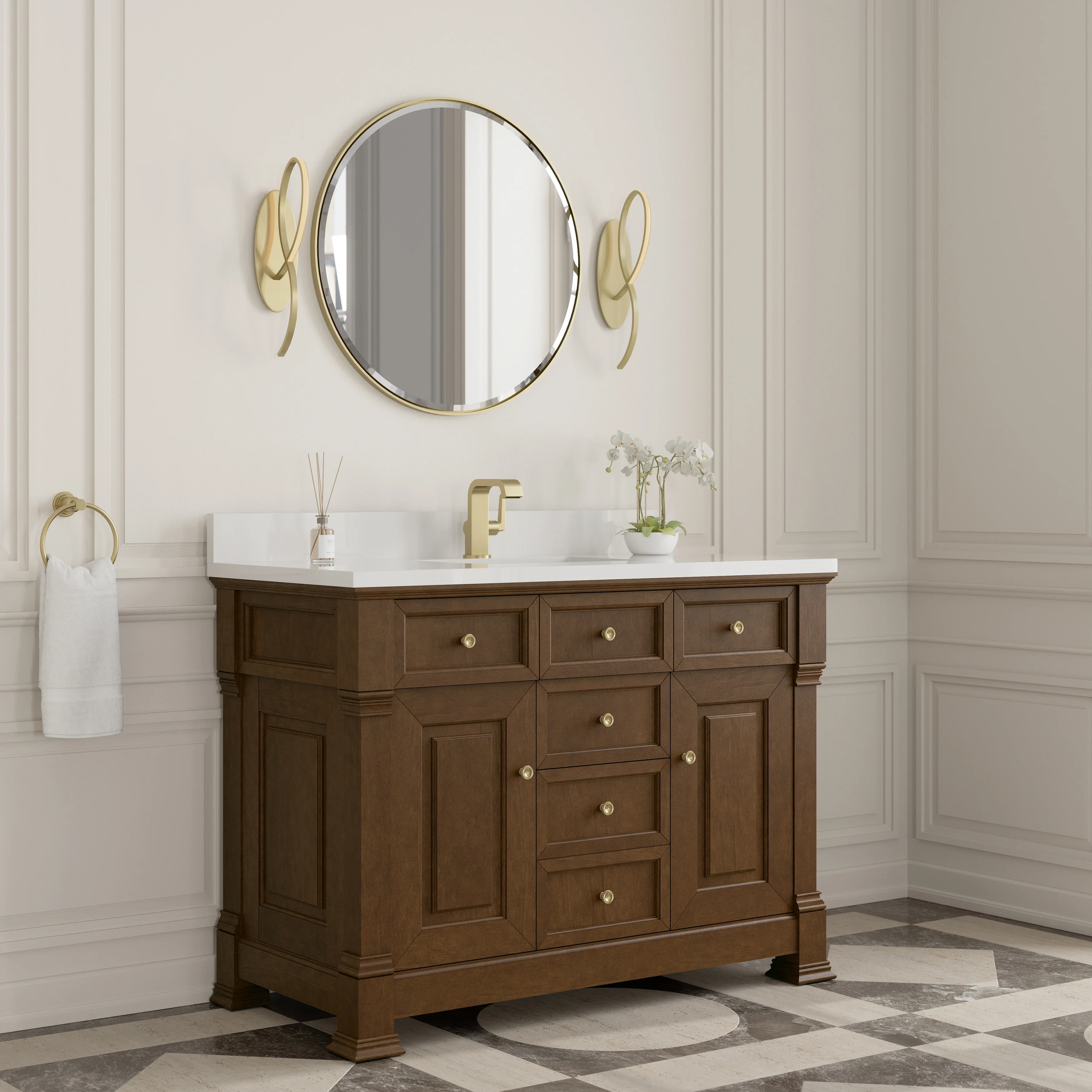 Brookfield 48" Single Vanity, Honey Oak w/ Single Hole 3 CM White Zeus Silestone Top & Backsplash