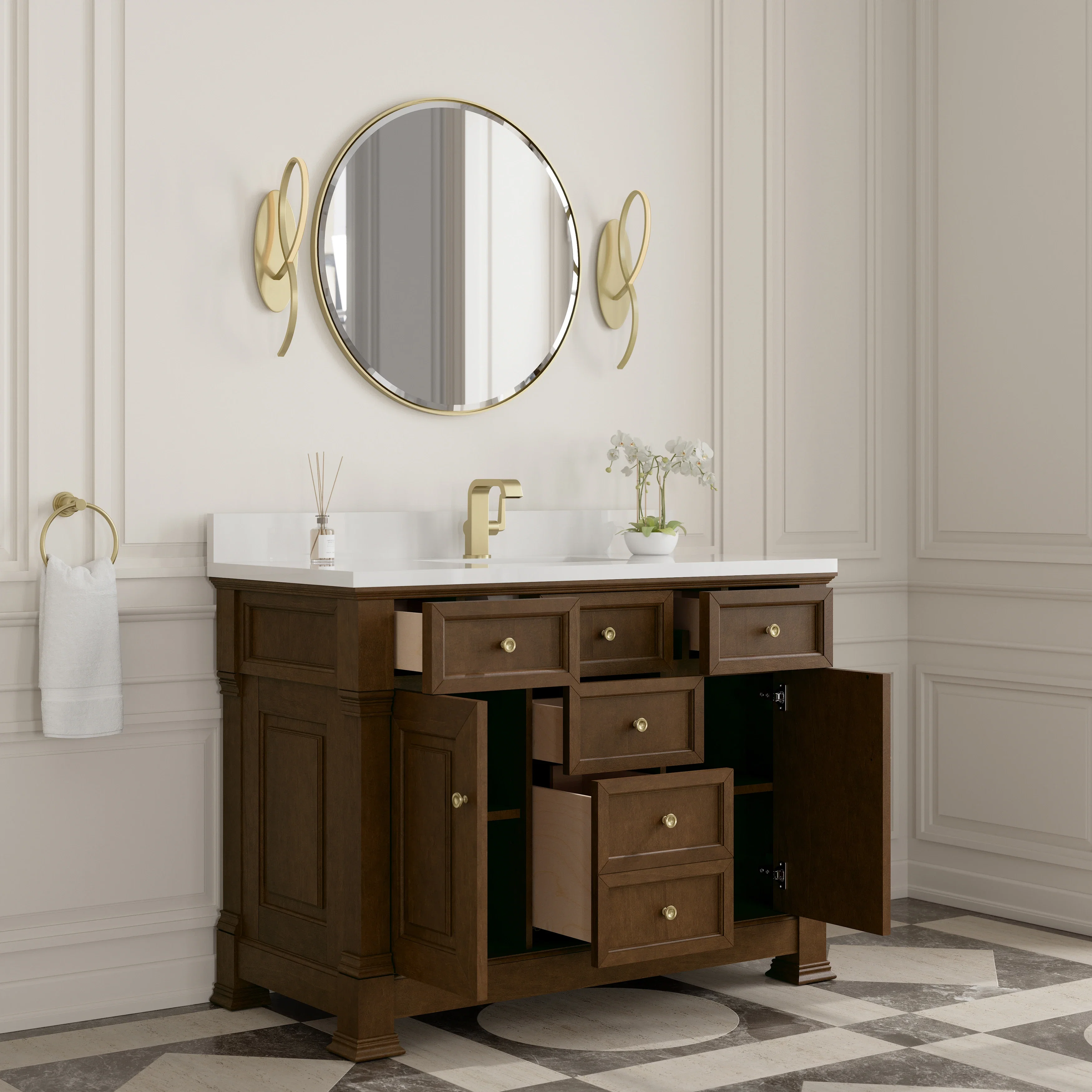 Brookfield 48" Single Vanity, Honey Oak w/ Single Hole 3 CM White Zeus Silestone Top & Backsplash