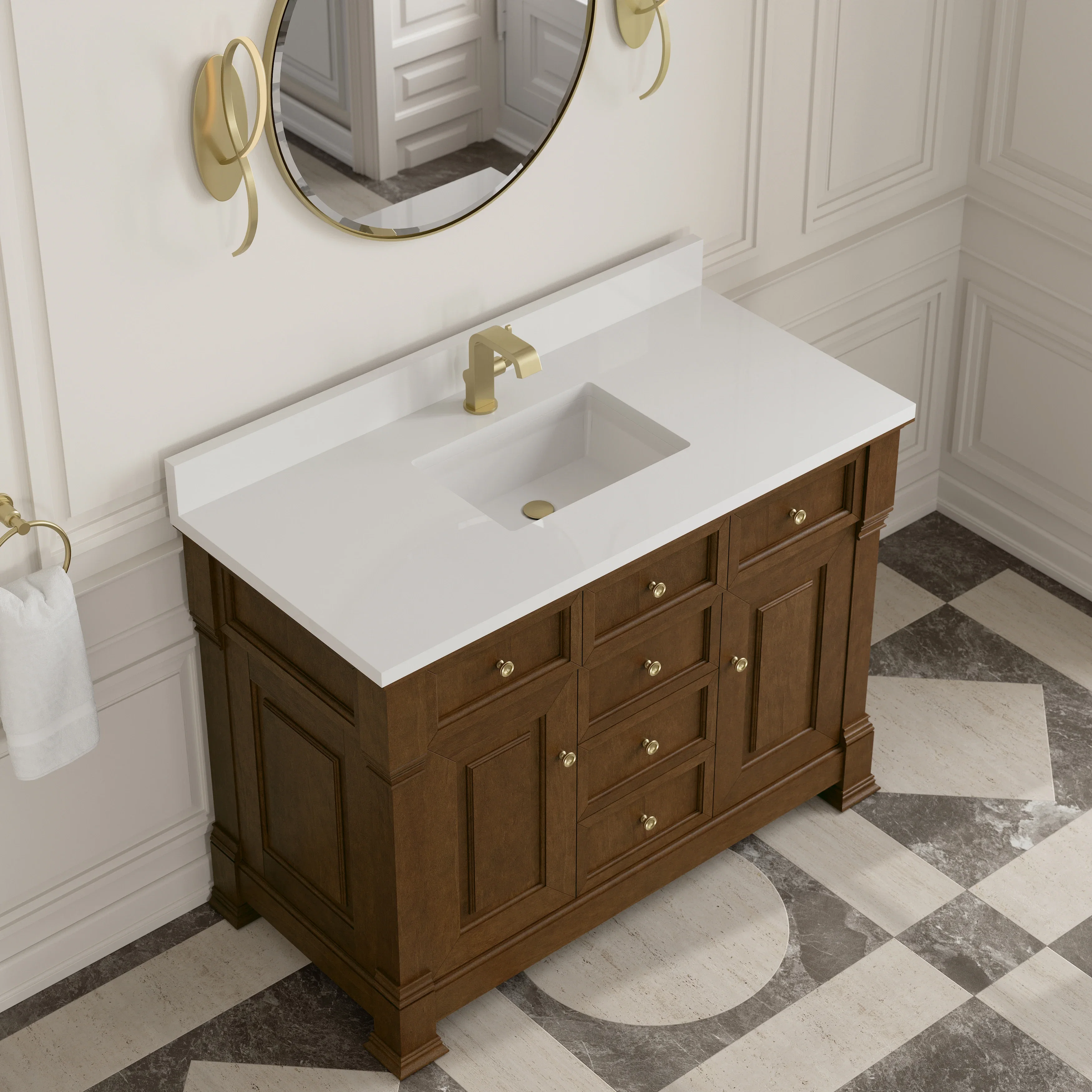 Brookfield 48" Single Vanity, Honey Oak w/ Single Hole 3 CM White Zeus Silestone Top & Backsplash
