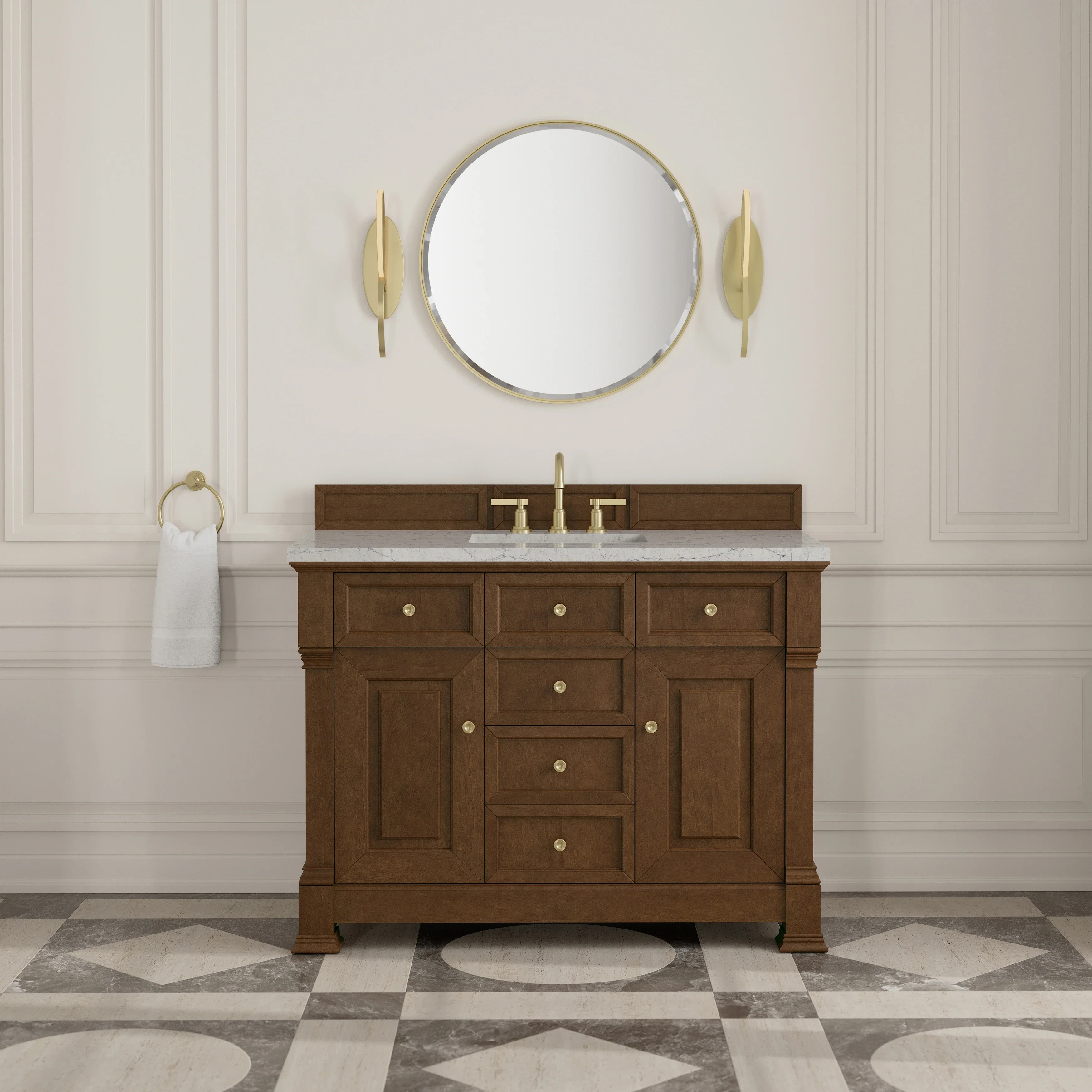 Brookfield 48" Single Vanity, Honey Oak w/ 3 CM Eternal Jasmine Pearl Silestone Top w/ FreePower Wireless Charger