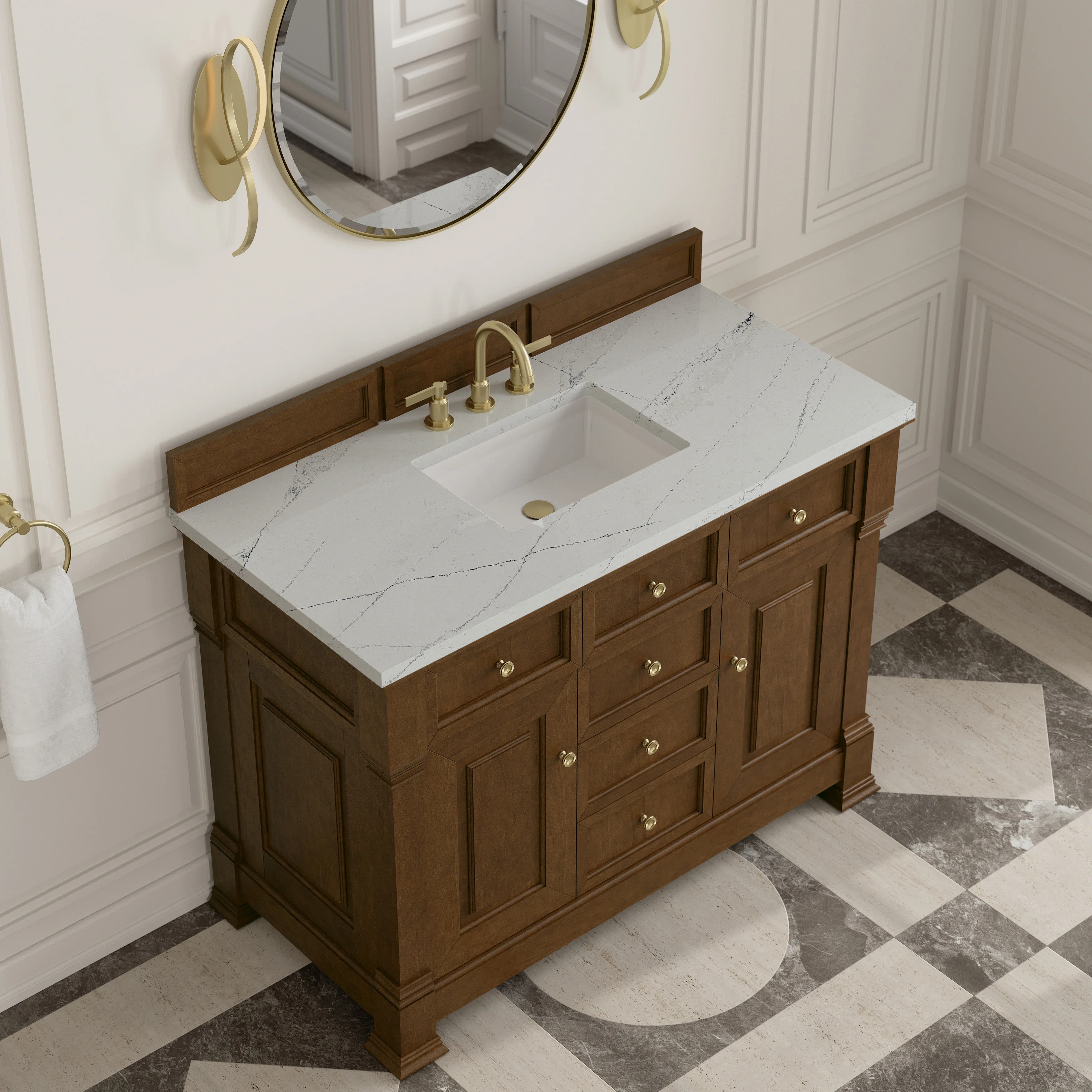Brookfield 48" Single Vanity, Honey Oak w/ 3 CM Ethereal Noctis Silestone Top w/ FreePower Wireless Charger
