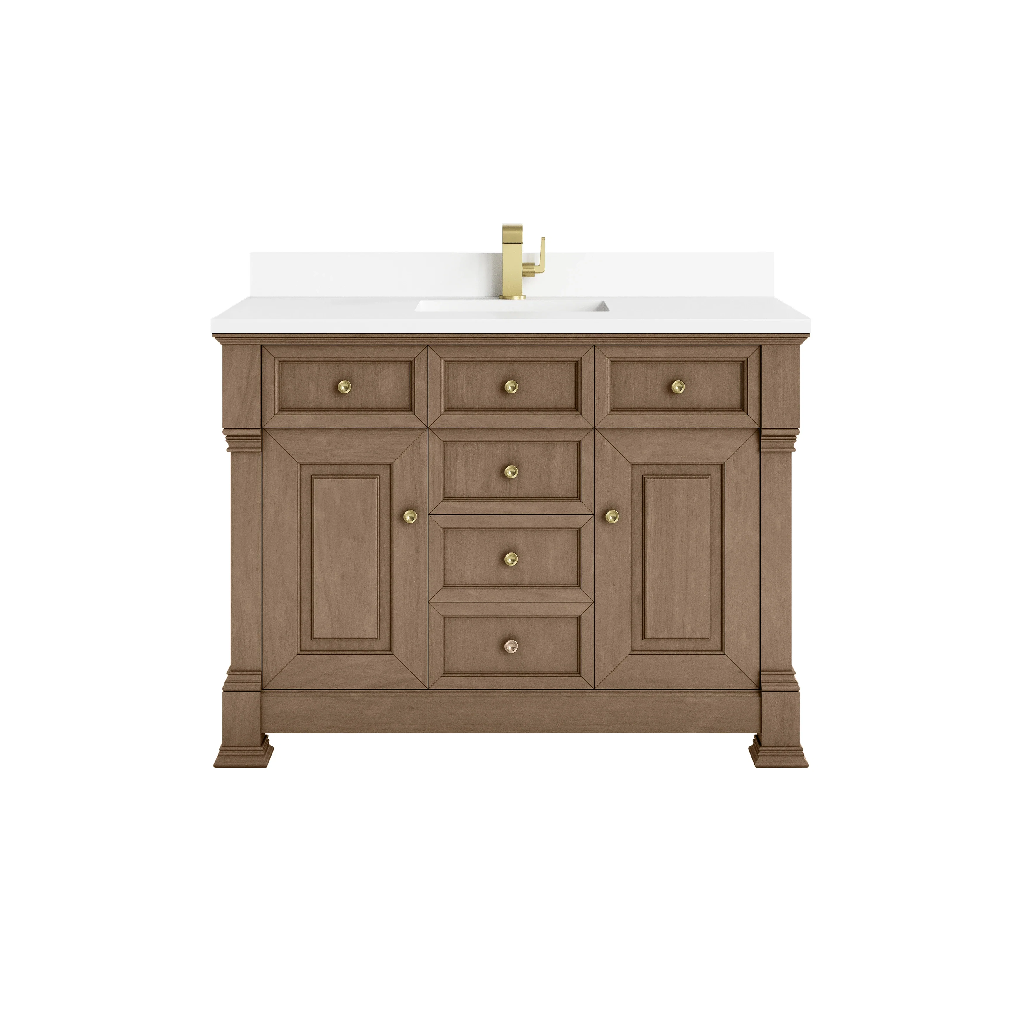 Brookfield 48" Single Vanity, Pecan w/ Single Hole 3CM White Zeus Silestone  Top & Backsplash