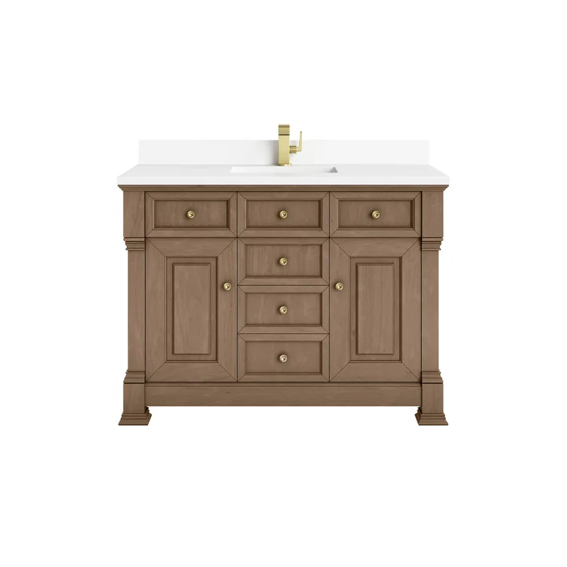 Brookfield 48" Single Vanity, Pecan w/ Single Hole 3CM White Zeus Silestone Top & Backsplash