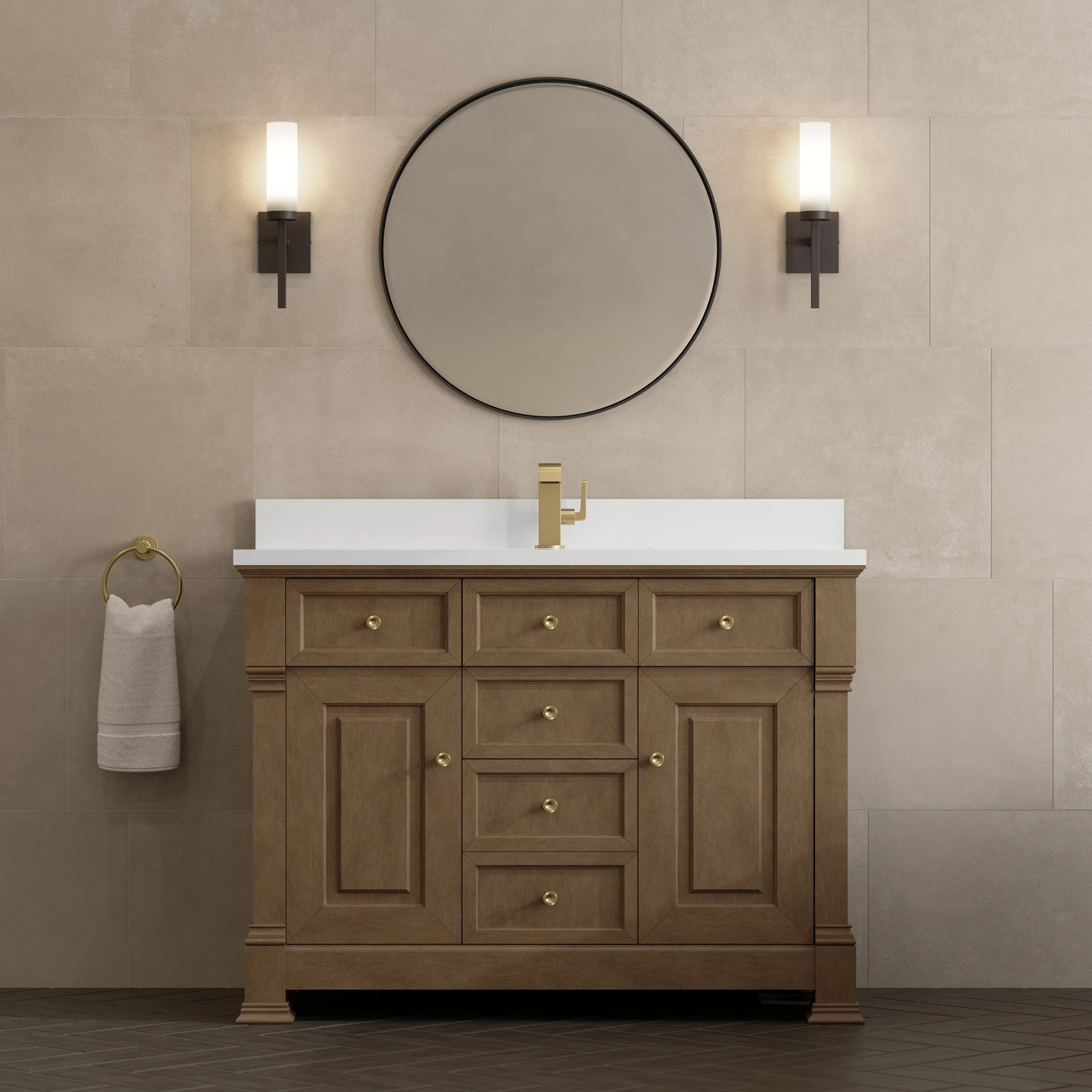 Brookfield 48" Single Vanity, Pecan w/ Single Hole 3CM White Zeus Silestone  Top & Backsplash