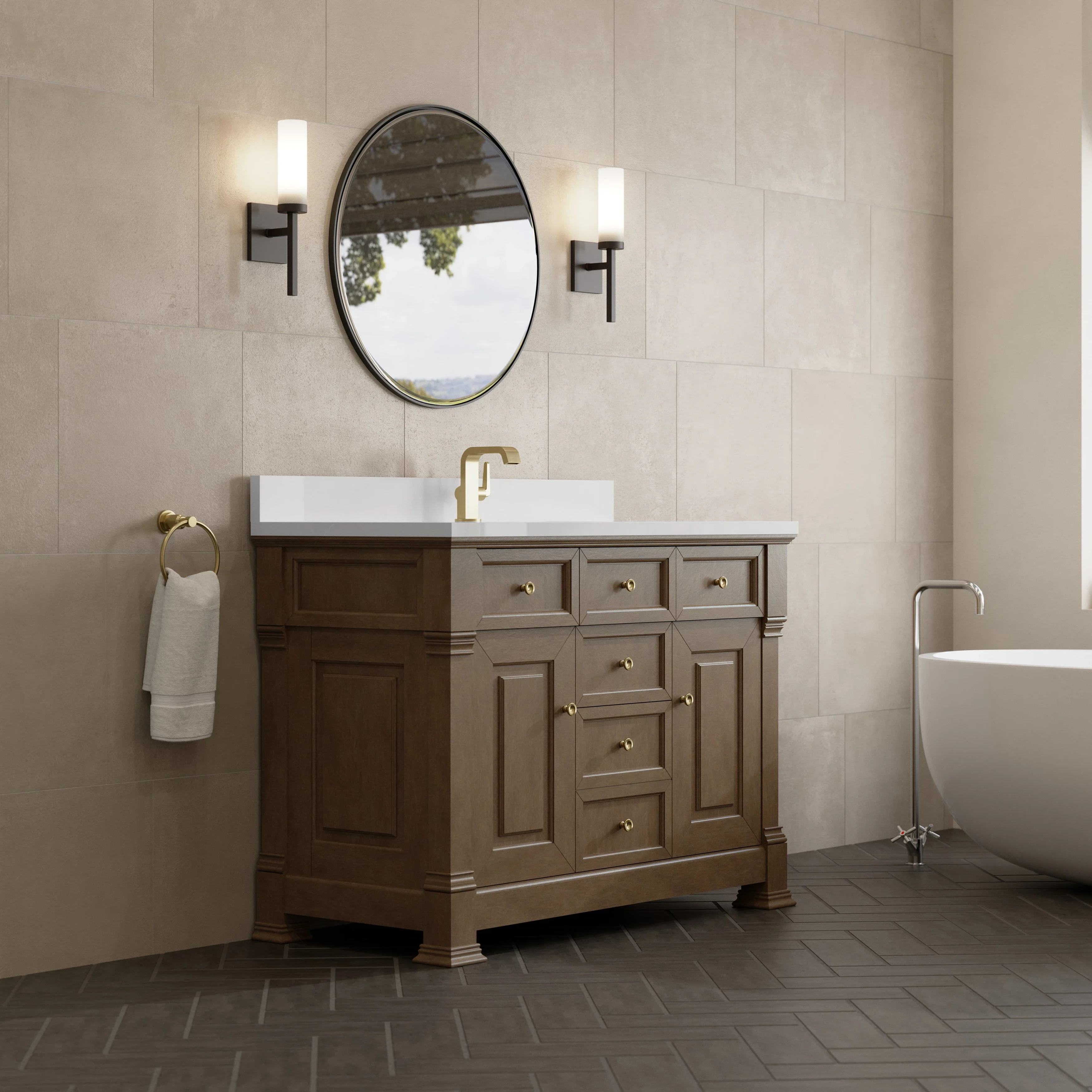 Brookfield 48" Single Vanity, Pecan w/ Single Hole 3CM White Zeus Silestone  Top & Backsplash