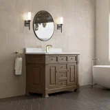 Brookfield 48" Single Vanity, Pecan w/ Single Hole 3CM White Zeus Silestone  Top & Backsplash